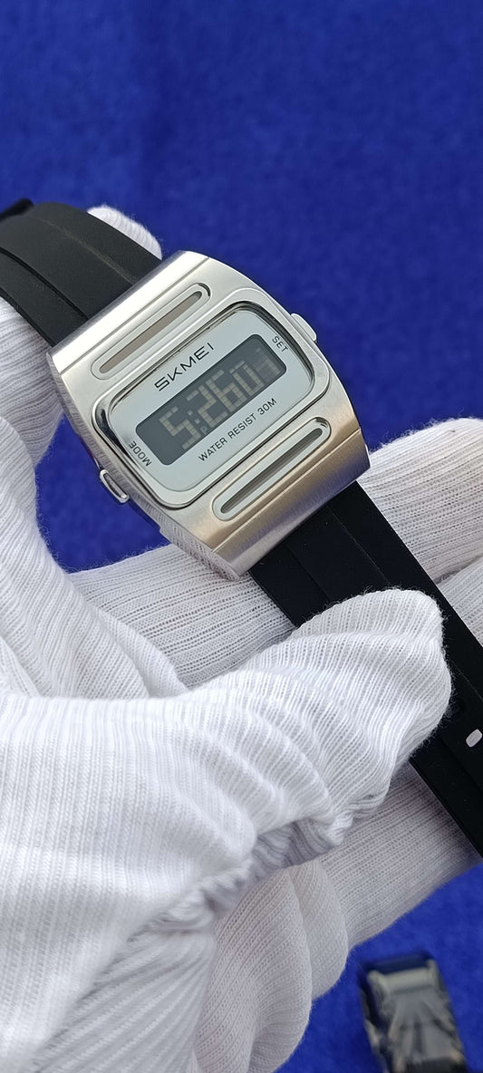 SKMEI Retro Digital Watch for Men – Sport Band, Silver Case