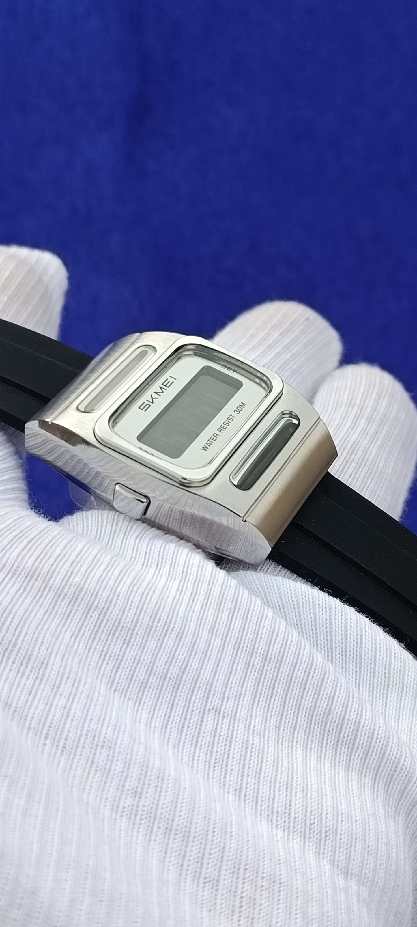 SKMEI Retro Digital Watch for Men – Sport Band, Silver Case