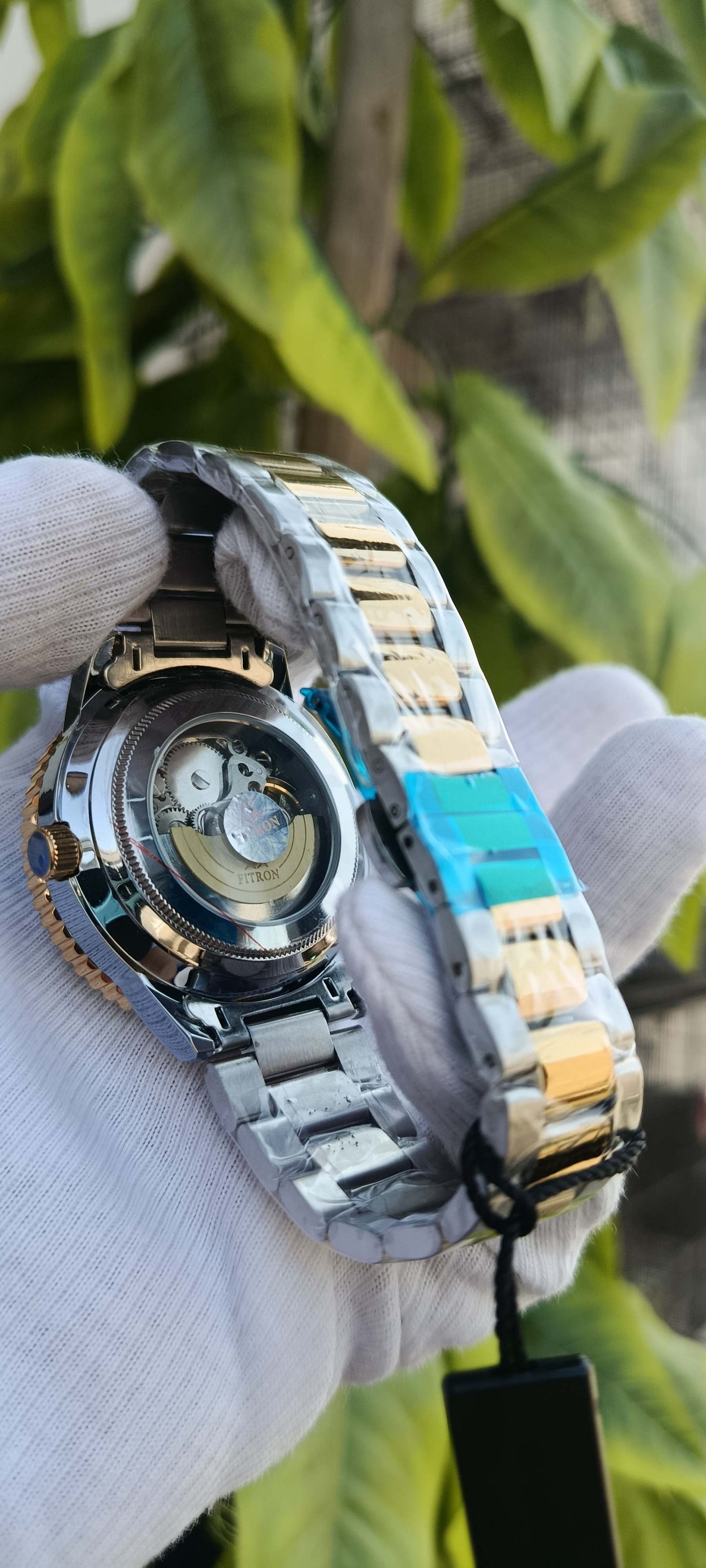 Fitron Skeleton Dial Diver-Style Watch – Black Bezel & Rose Gold Two-Tone Metal Polish Bracelet