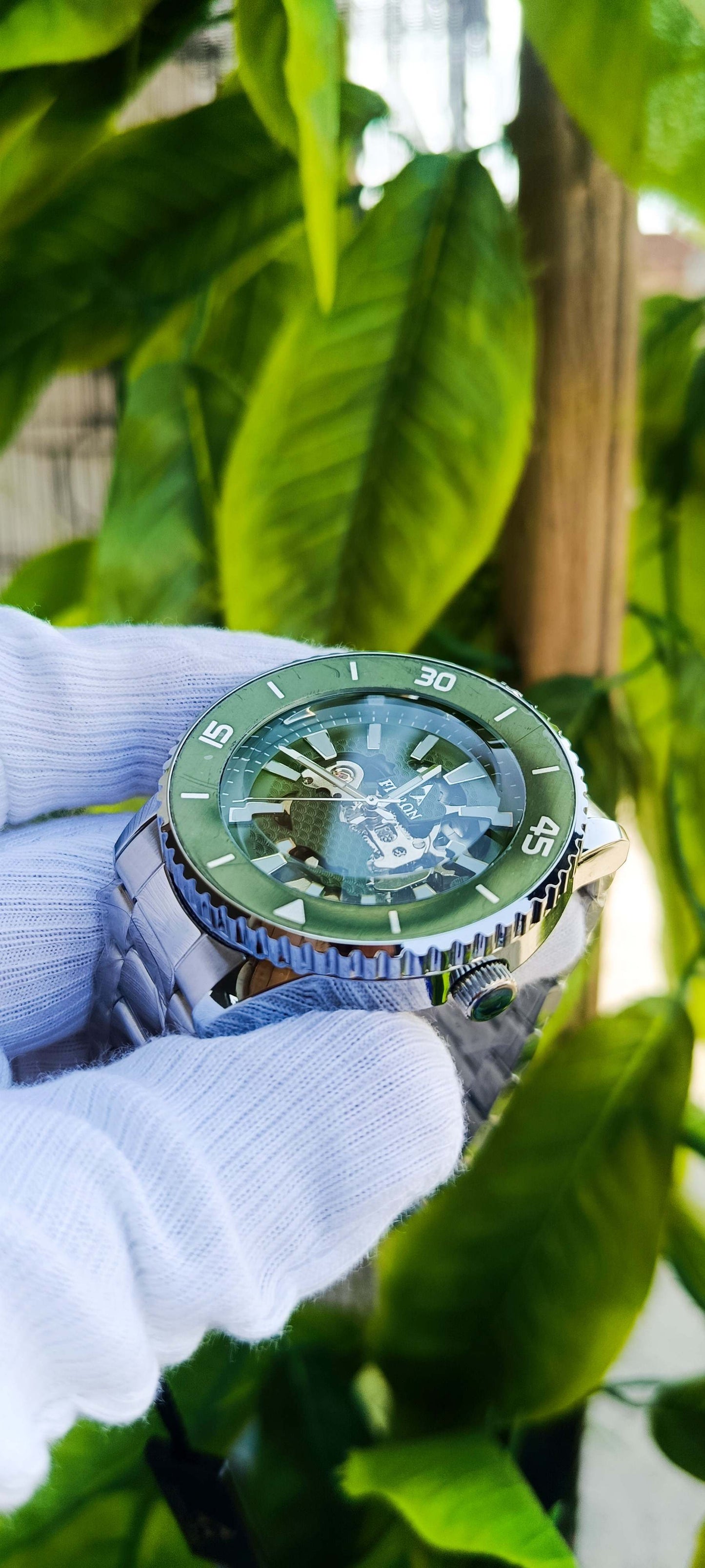 Fitron Skeleton Dial Diver-Style Watch – Green Bezel & Silver Metal Polish Bracelet