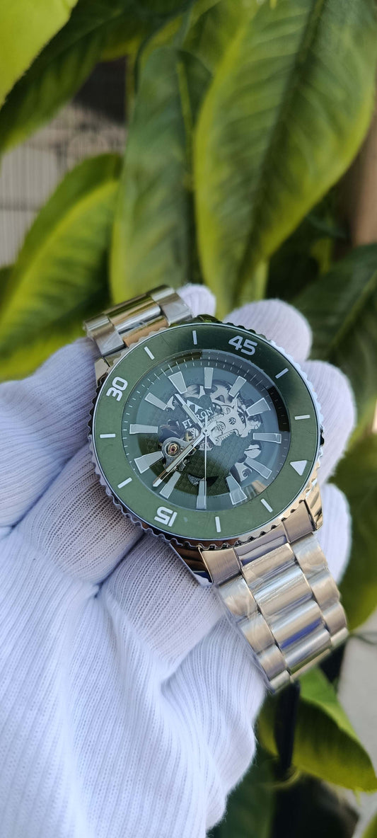 Fitron Skeleton Dial Diver-Style Watch – Green Bezel & Silver Metal Polish Bracelet
