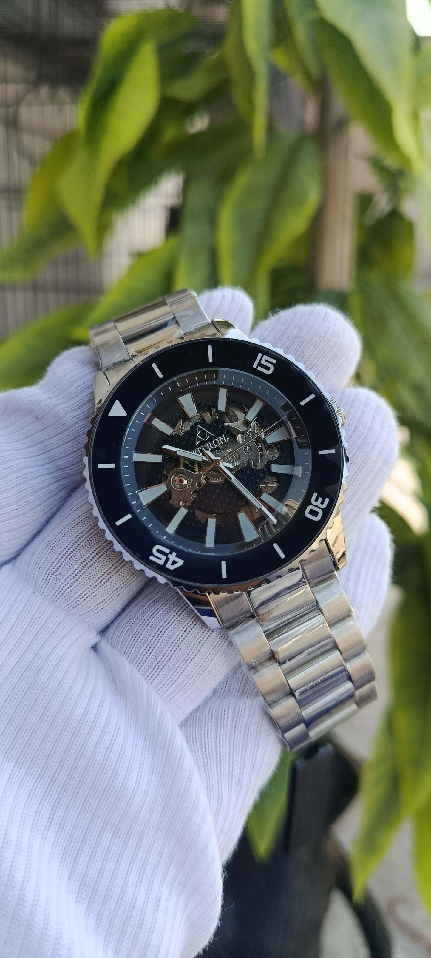 Fitron Skeleton Dial Diver-Style Watch – Black Bezel Metal Polish Watch