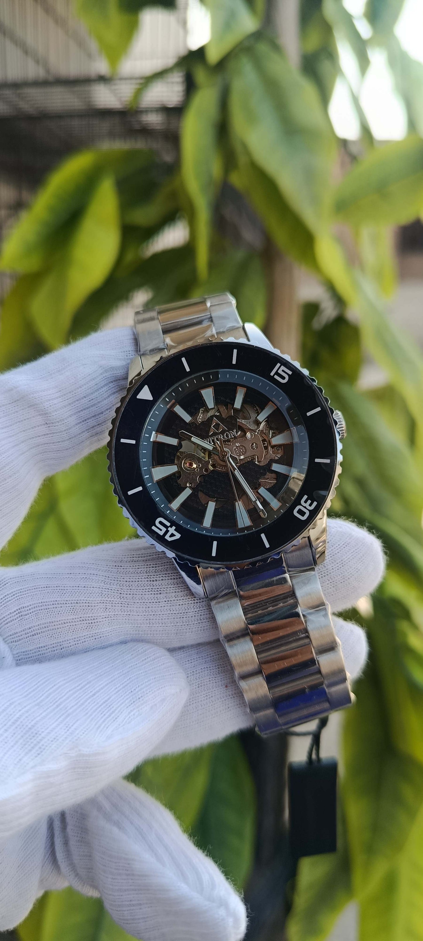 Fitron Skeleton Dial Diver-Style Watch – Black Bezel & Rose Gold Two-Tone Metal Polish Bracelet