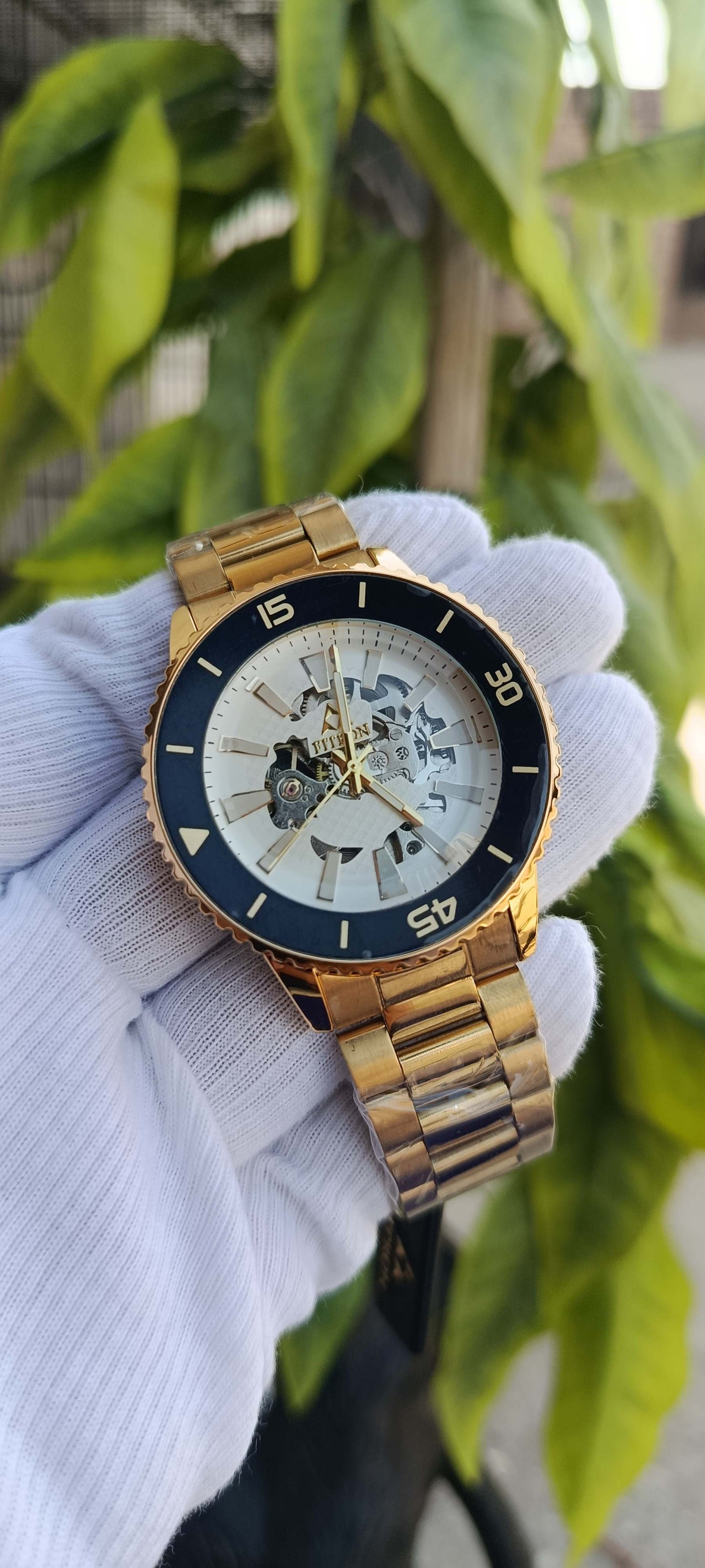 Fitron Skeleton Dial Diver-Style Watch – Black Bezel & Two-Tone Bracelet