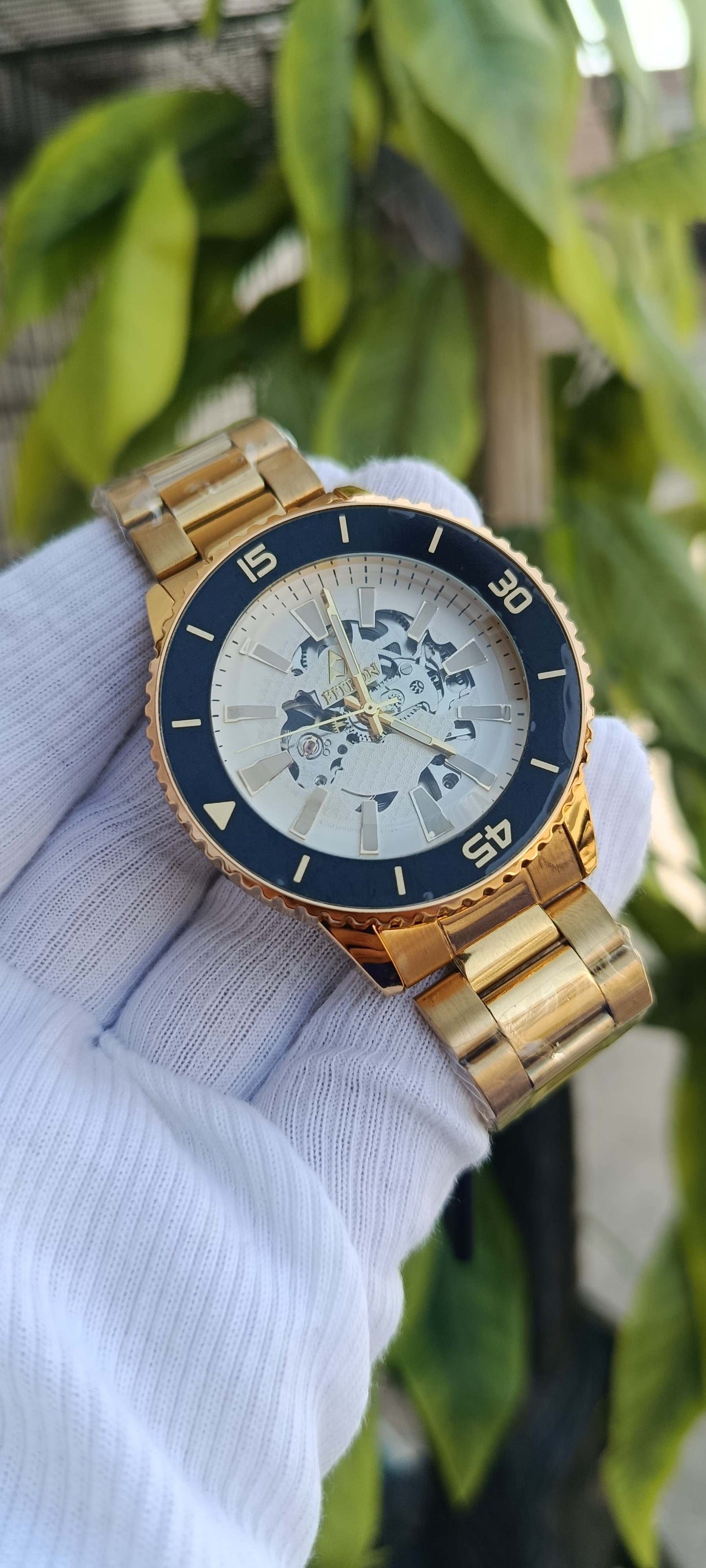 Fitron Skeleton Dial Diver-Style Watch – Black Bezel & Two-Tone Bracelet