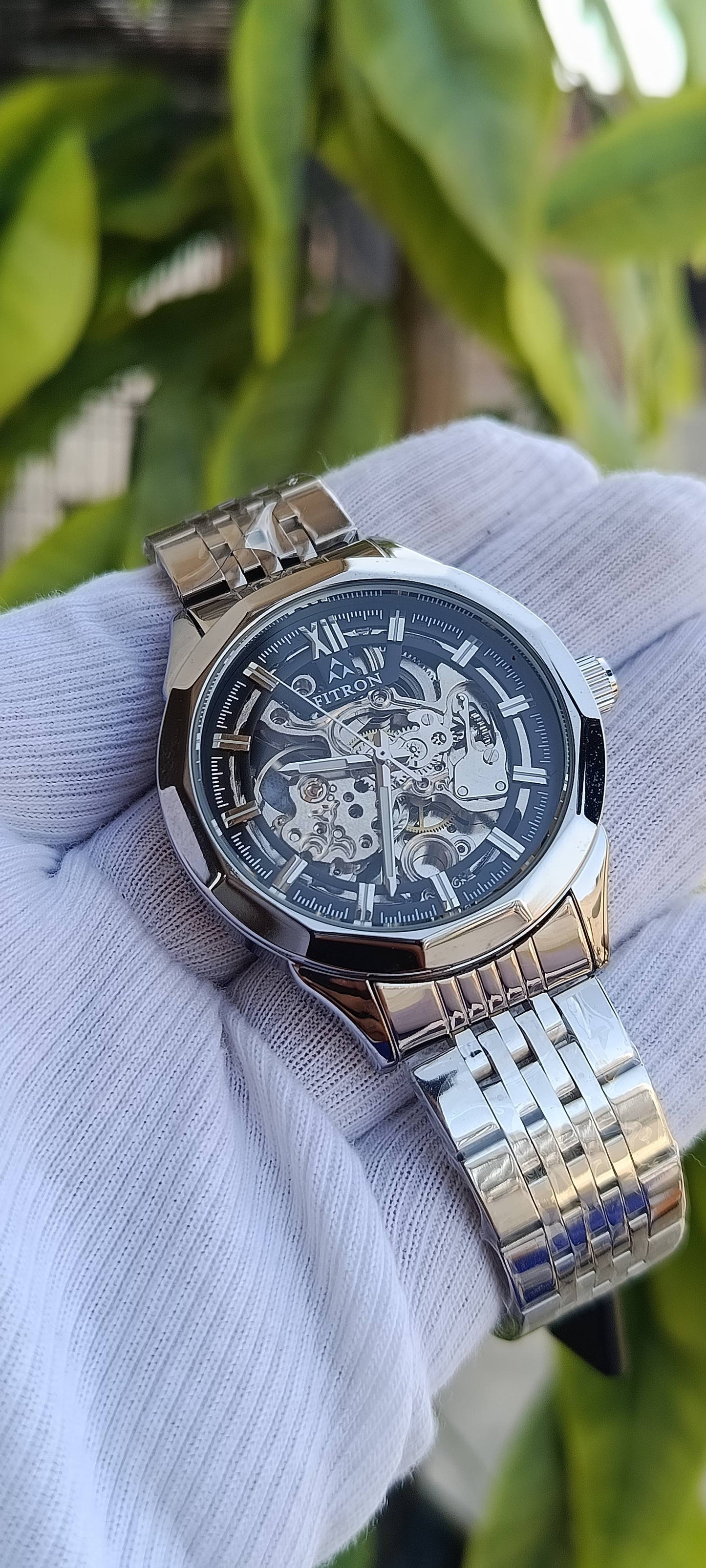 Fitron Automatic Black Dial Skeleton Watch For Men PVD Case Polished