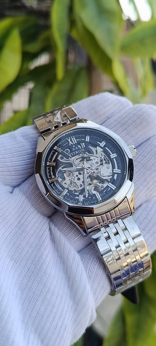 Fitron Automatic Black Dial Skeleton Watch For Men PVD Case Polished