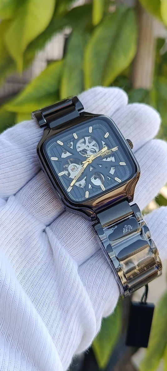 Fitron Men's Square Ceramic Skeleton Watch - Black & Gold Edition