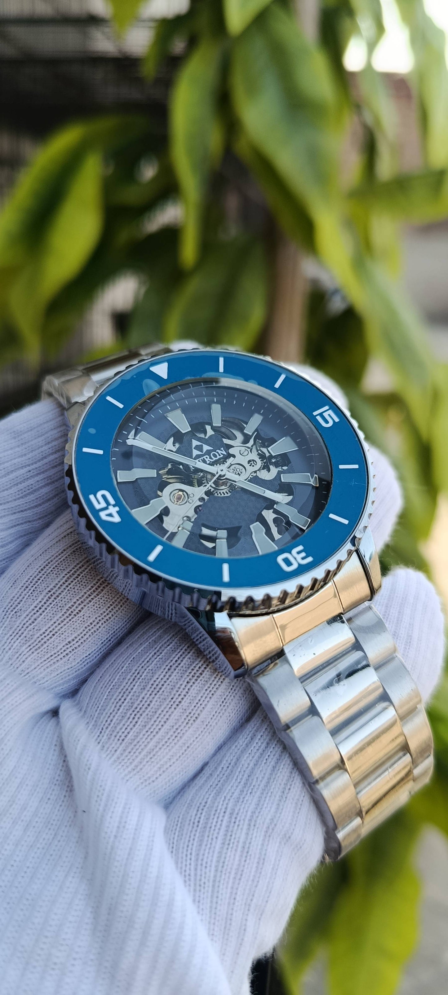 Fitron Skeleton Automatic Men's Watch – Blue Diver Bezel & Stainless Steel Mechanical Timepiece