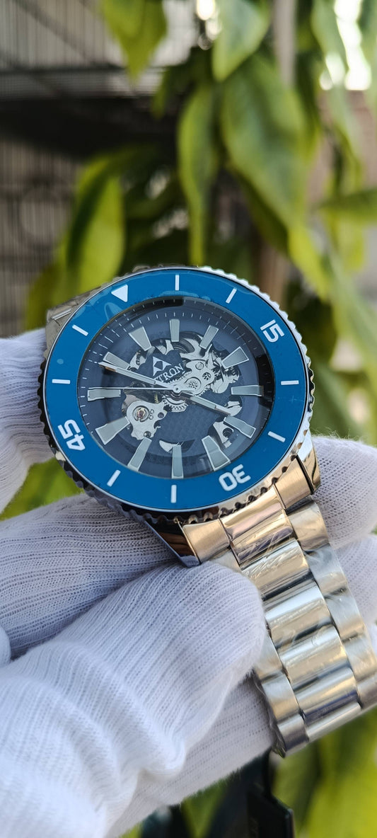 Fitron Skeleton Automatic Men's Watch – Blue Diver Bezel & Stainless Steel Mechanical Timepiece