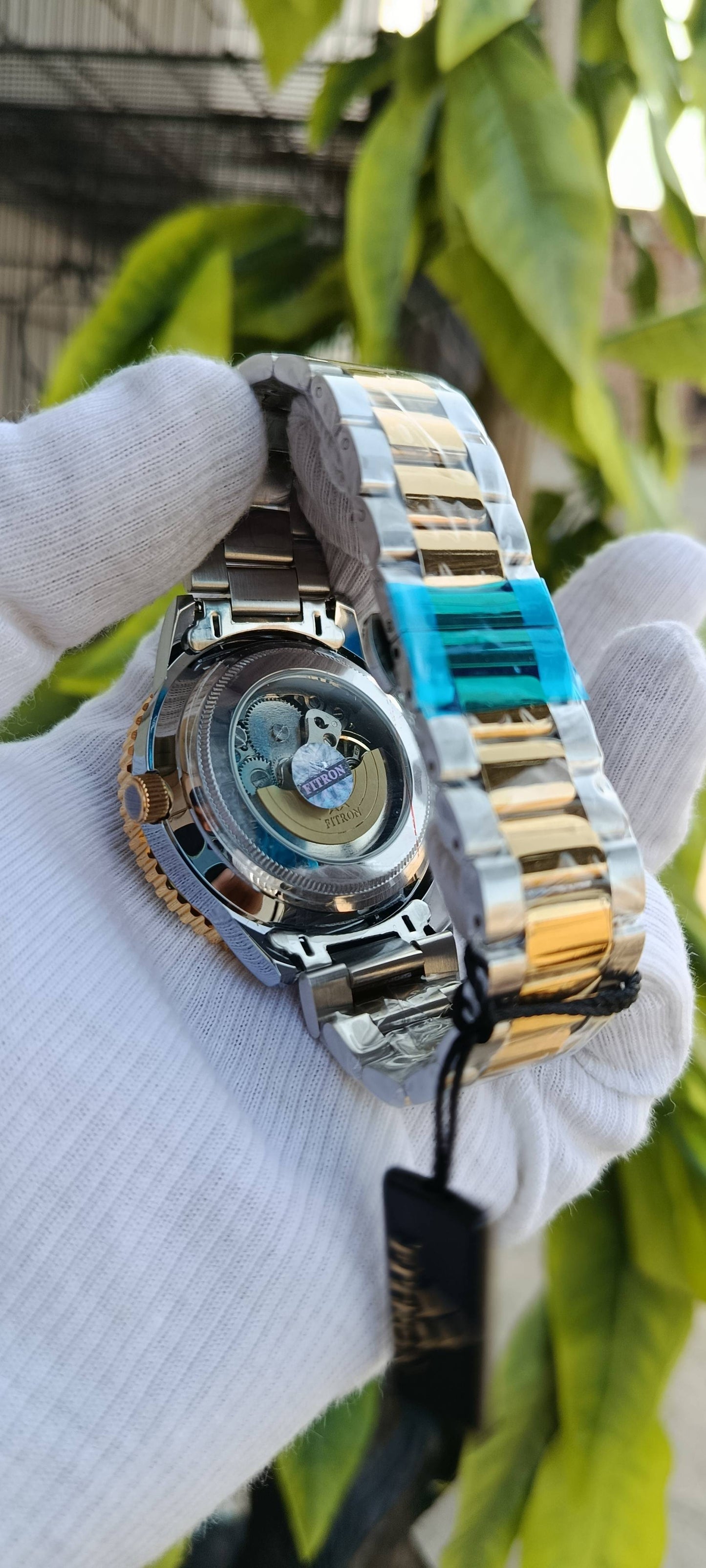 Fitron Automatic Skeleton Men's Watch – Olive Green Diver Bezel & Two-Tone Gold