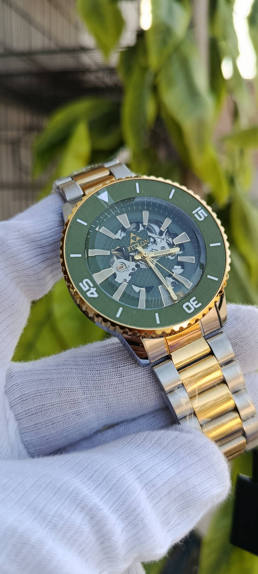 Fitron Automatic Skeleton Men's Watch – Olive Green Diver Bezel & Two-Tone Gold