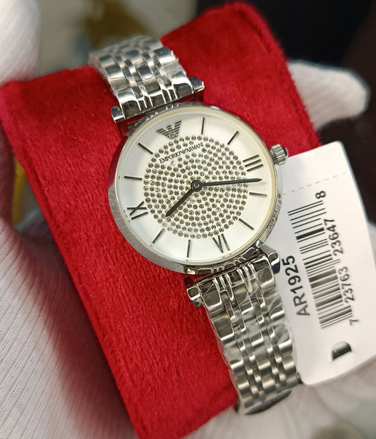 Emporio Armani Women's Gianni T-Bar Silver Watch – Crystal Pavé Dial | AR1925