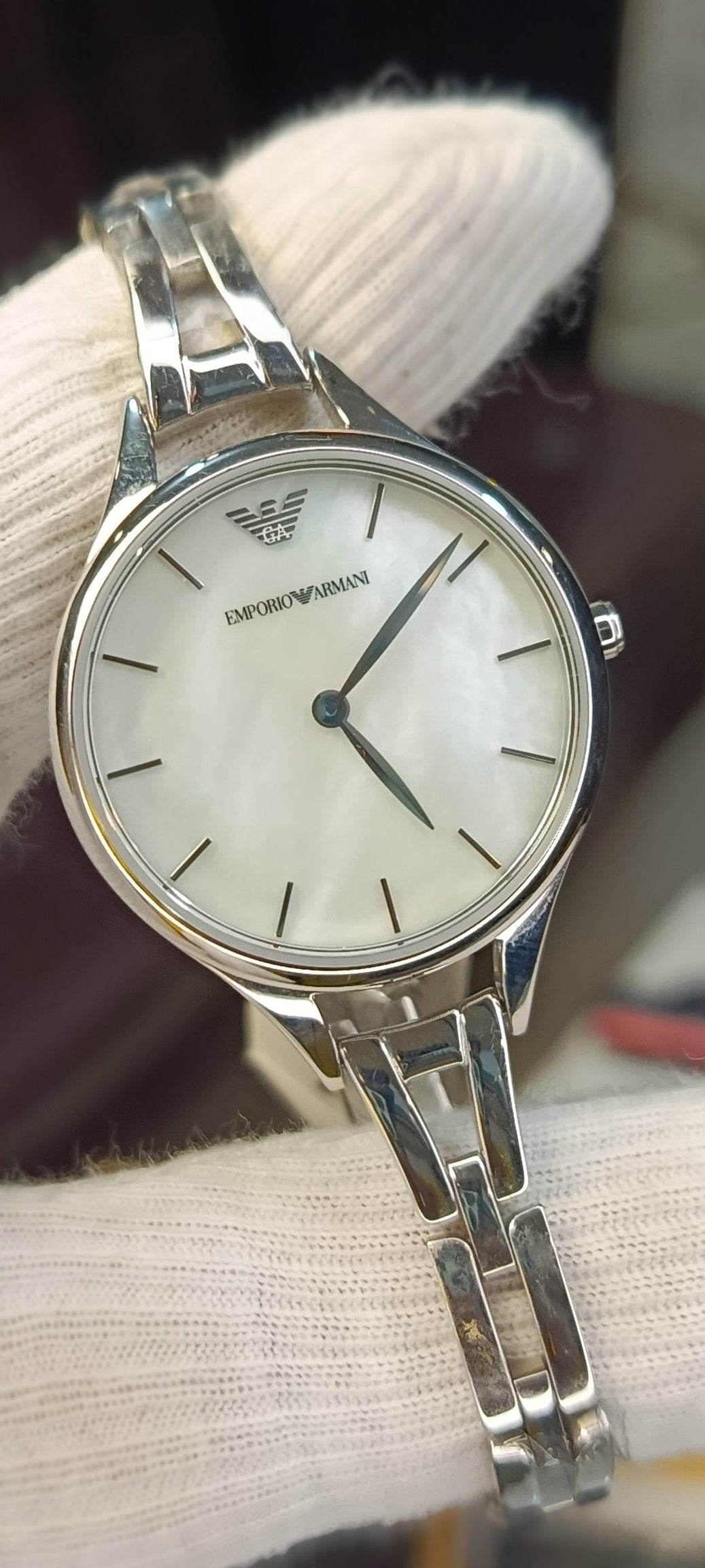 Emporio Armani Women's Silver Stainless Steel Watch – Mother of Pearl Dial