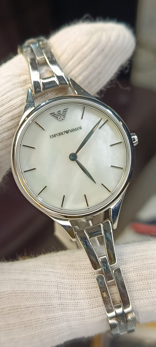Emporio Armani Women's Silver Stainless Steel Watch – Mother of Pearl Dial