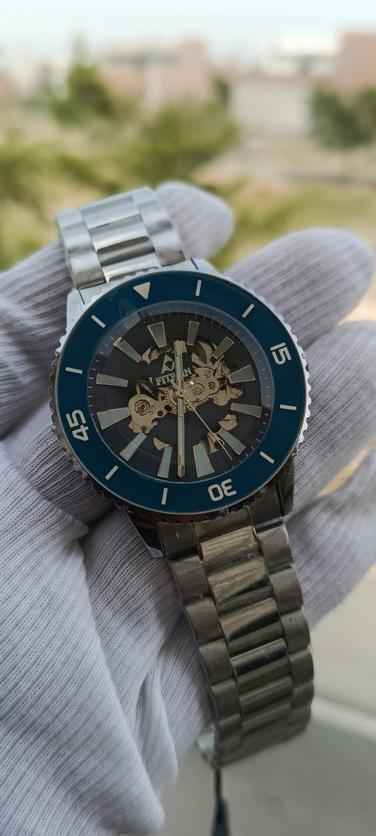 FITRON Automatic Skeleton Watch for Men – Dark Teal Blue Dial with Silver