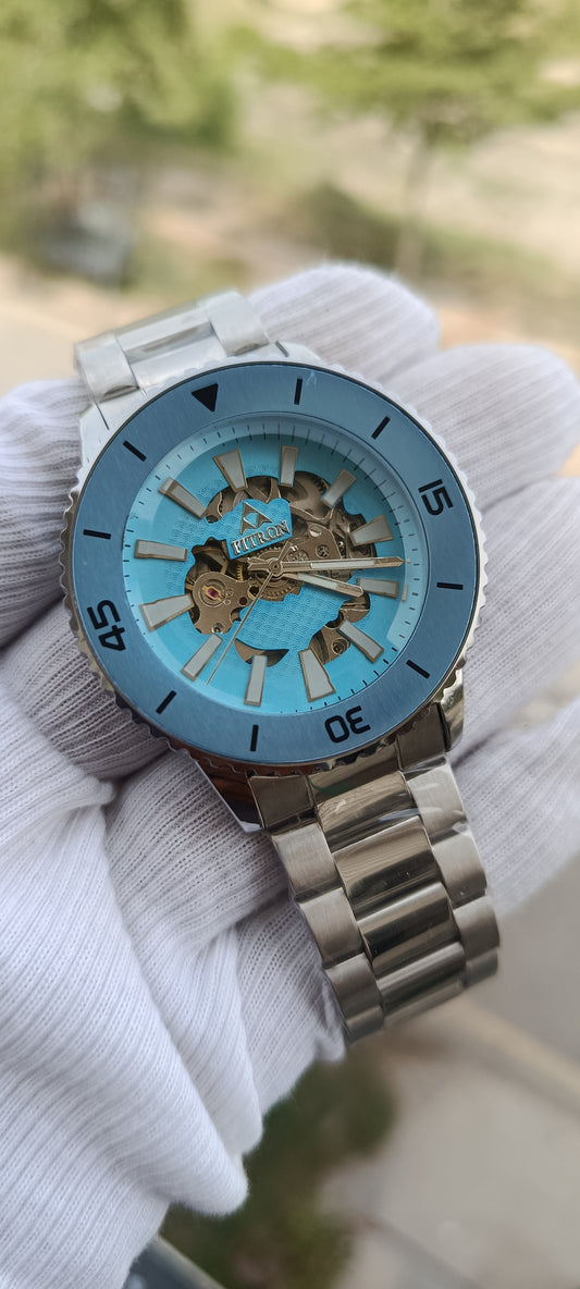 FITRON Automatic Skeleton Watch for Men – Ice Blue Dial with Silver