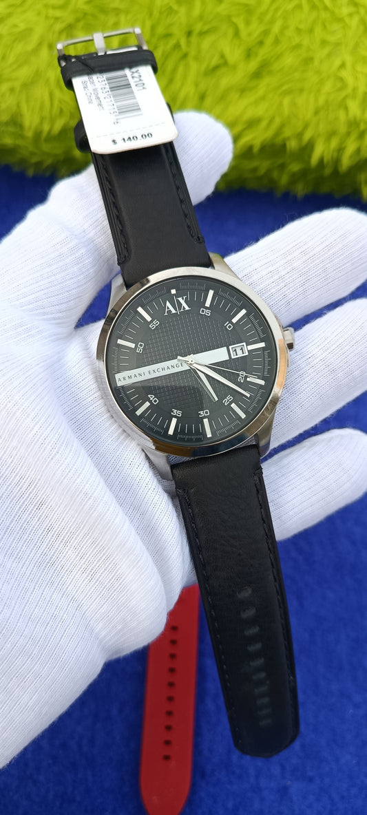 Armani Exchange Black Leather Strap Black Dial Quartz Watch for Gents - AX2101