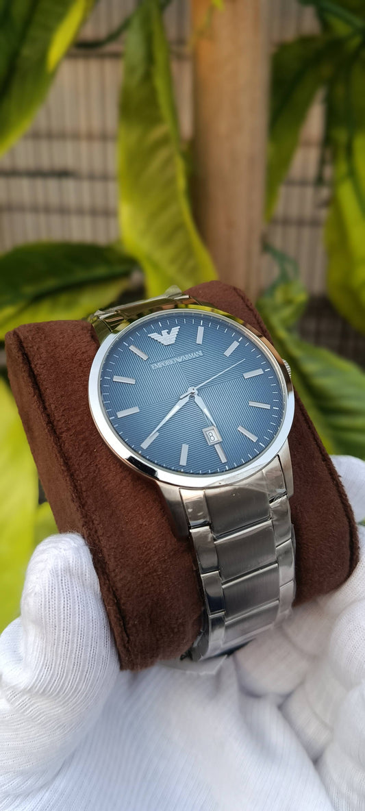 EMPORIO ARMANI Silver Stainless Steel Navy Blue Dial Quartz Watch AR-2472