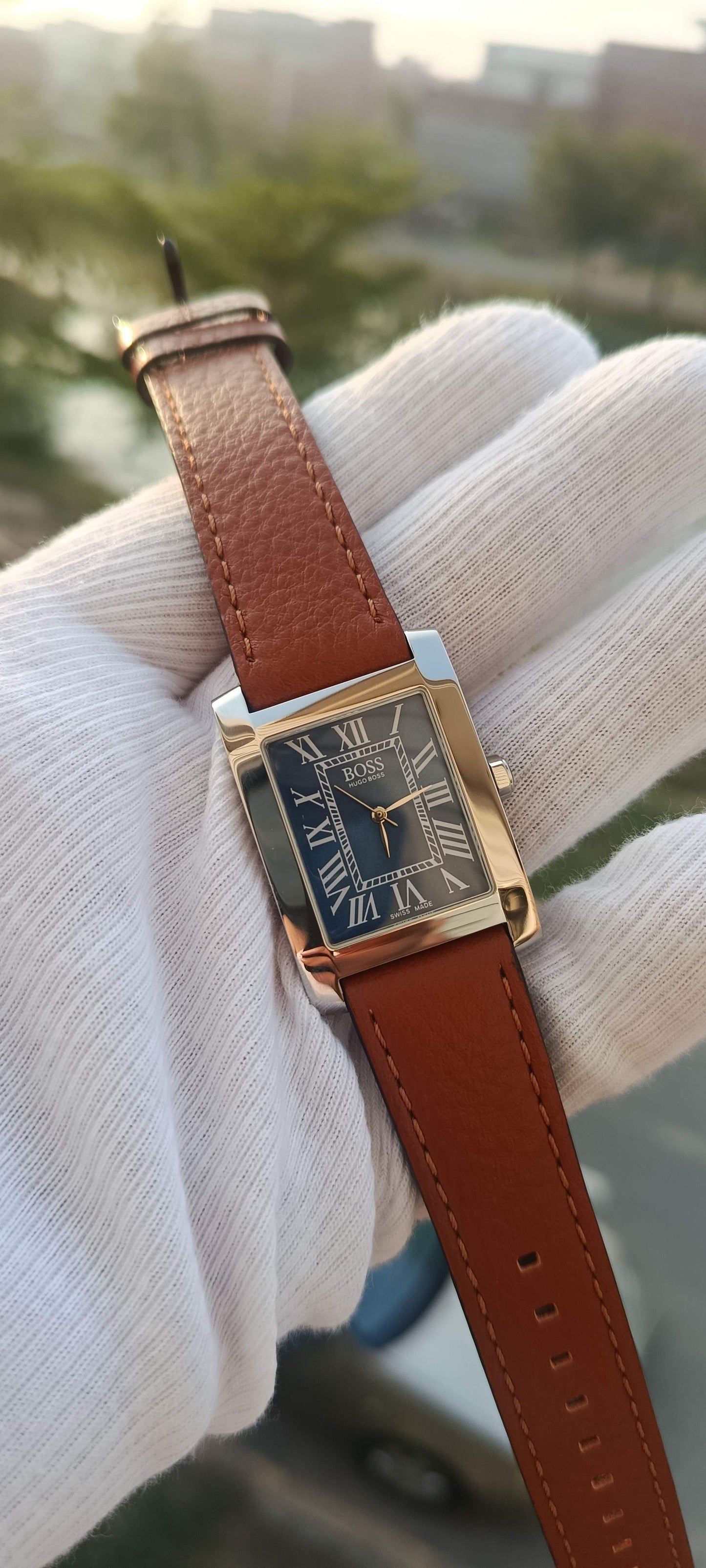 BOSS Hugo Boss Rectangular Swiss Made Watch with Classic Brown Leather Strap