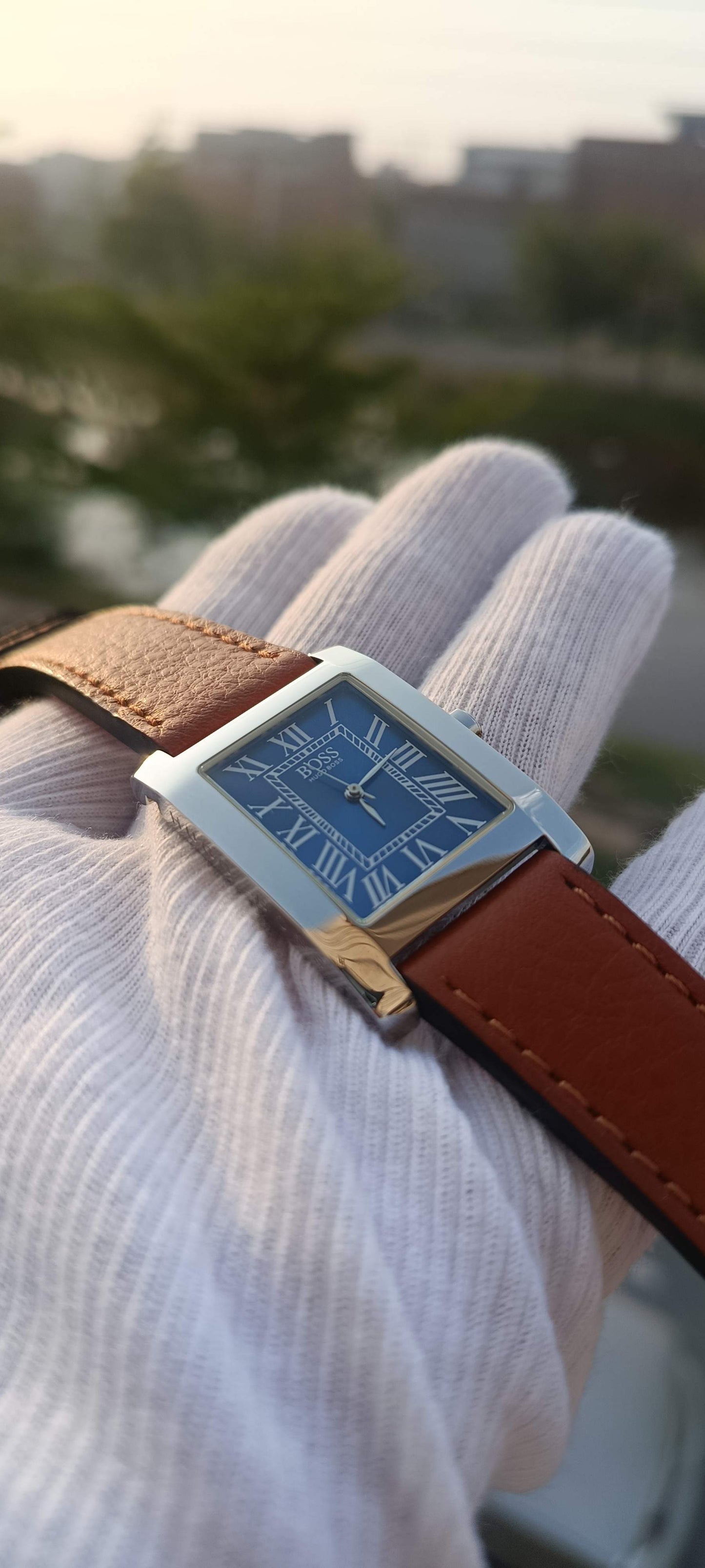 BOSS Hugo Boss Rectangular Swiss Made Watch with Classic Brown Leather Strap