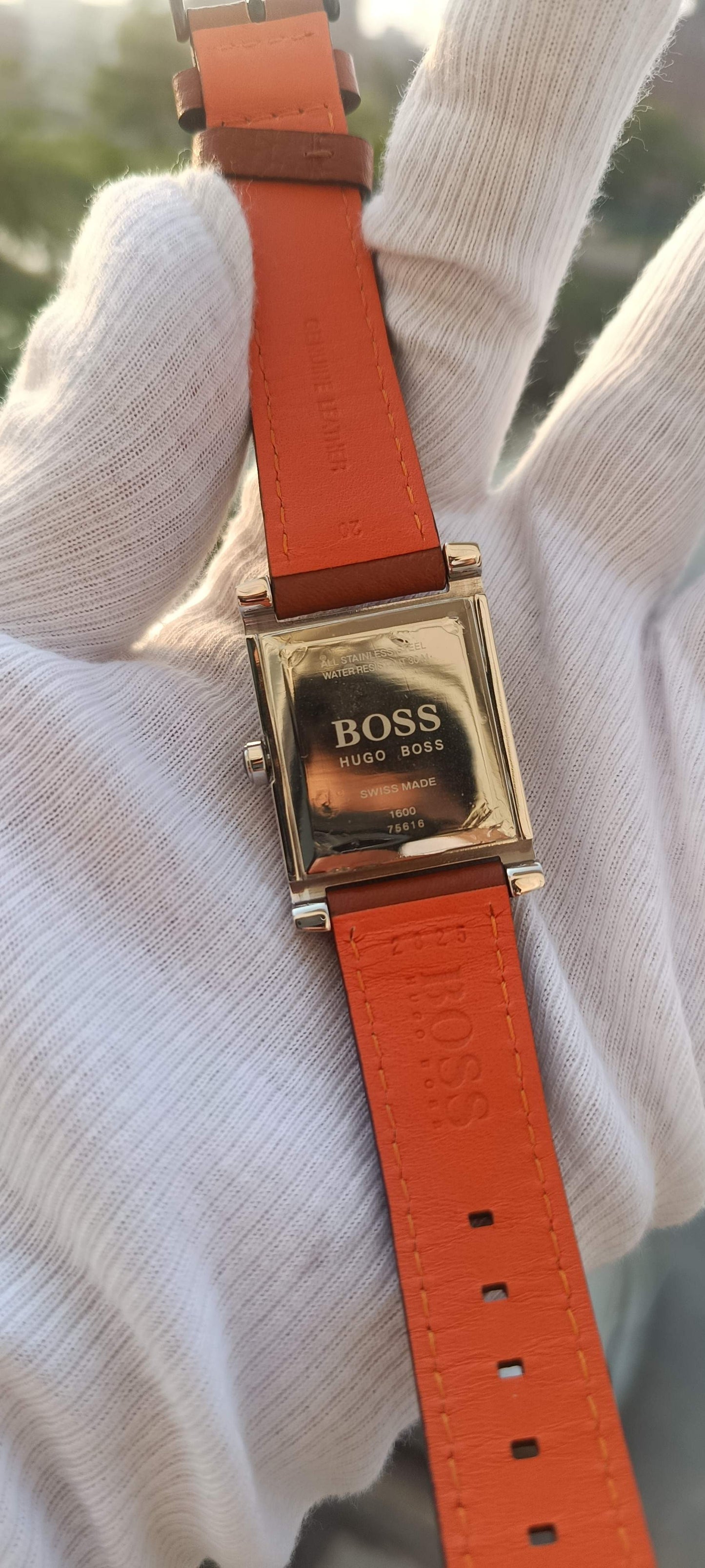 BOSS Hugo Boss Rectangular Swiss Made Watch with Classic Brown Leather Strap