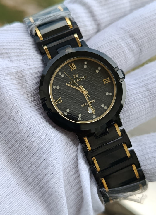 ROVALDO Two-Tone Black Ceramic Diamond Dial Sapphire Crystal Watch
