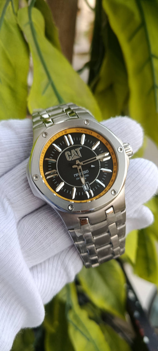 CAT Navigo Stainless Steel Men's Sport Watch – Black Dial with Yellow Tachymeter
