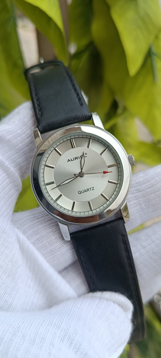 Auriol Quartz Men's Wrist Watch | Silver Dial Black Leather Strap Analog Watch
