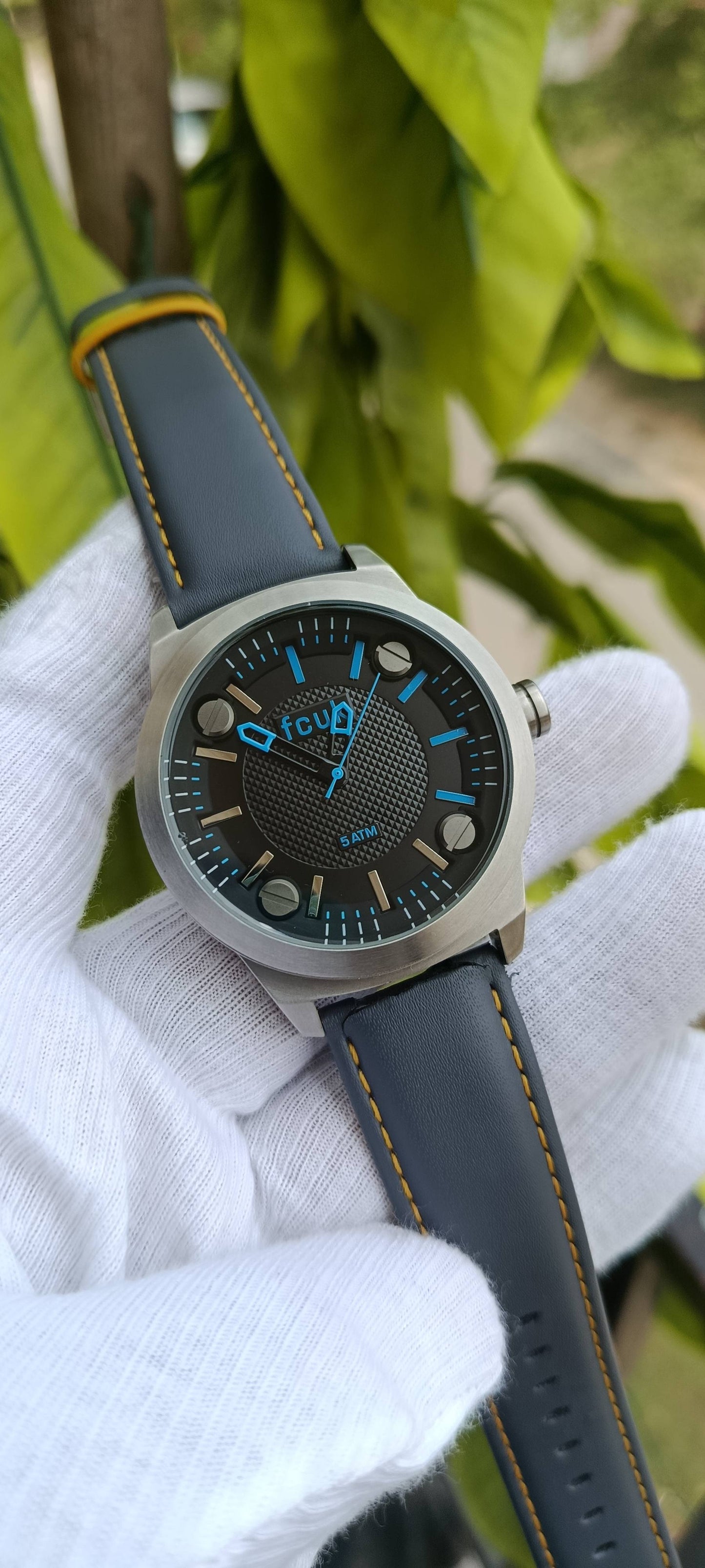 French Connection Men's Steel Watch with Blue Accents & Grey Leather Strap
