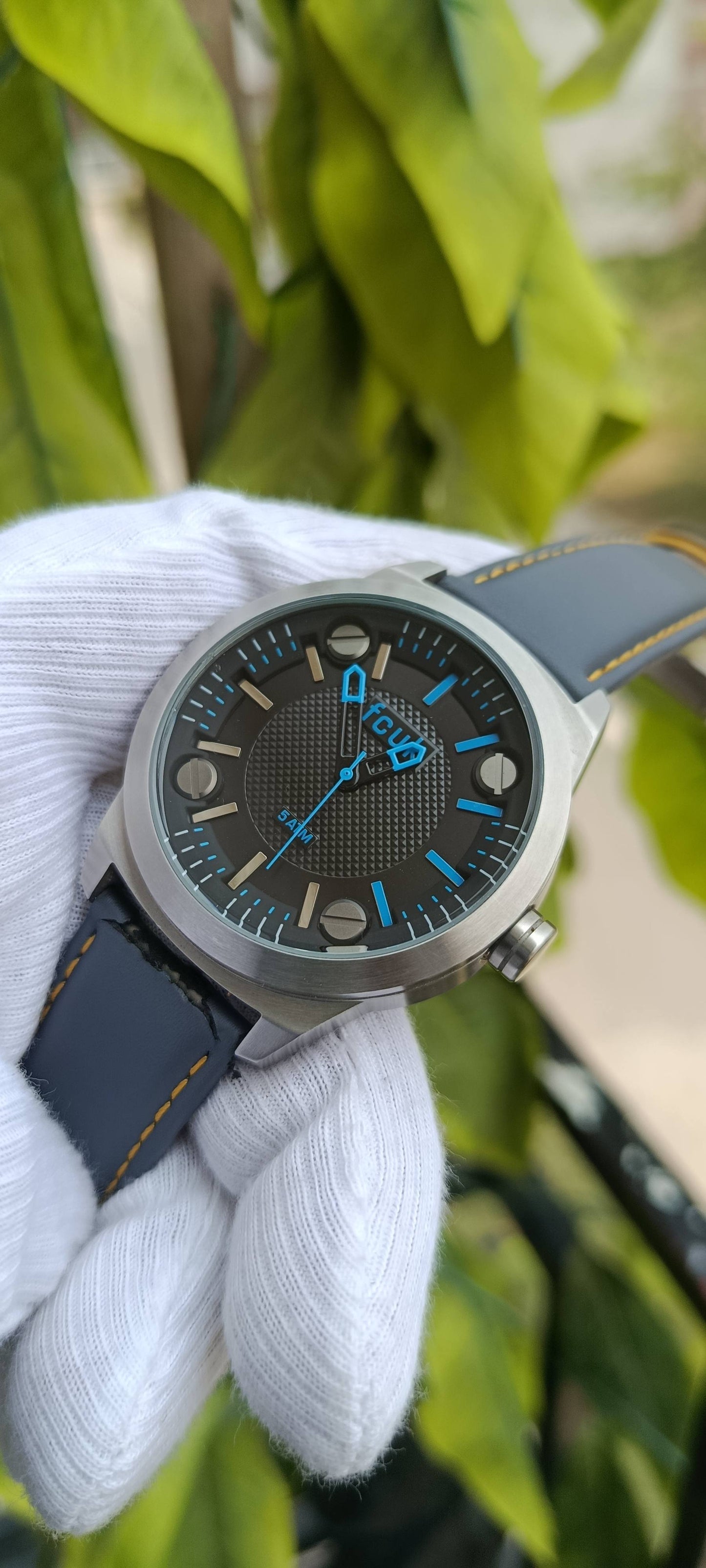 French Connection Men's Steel Watch with Blue Accents & Grey Leather Strap
