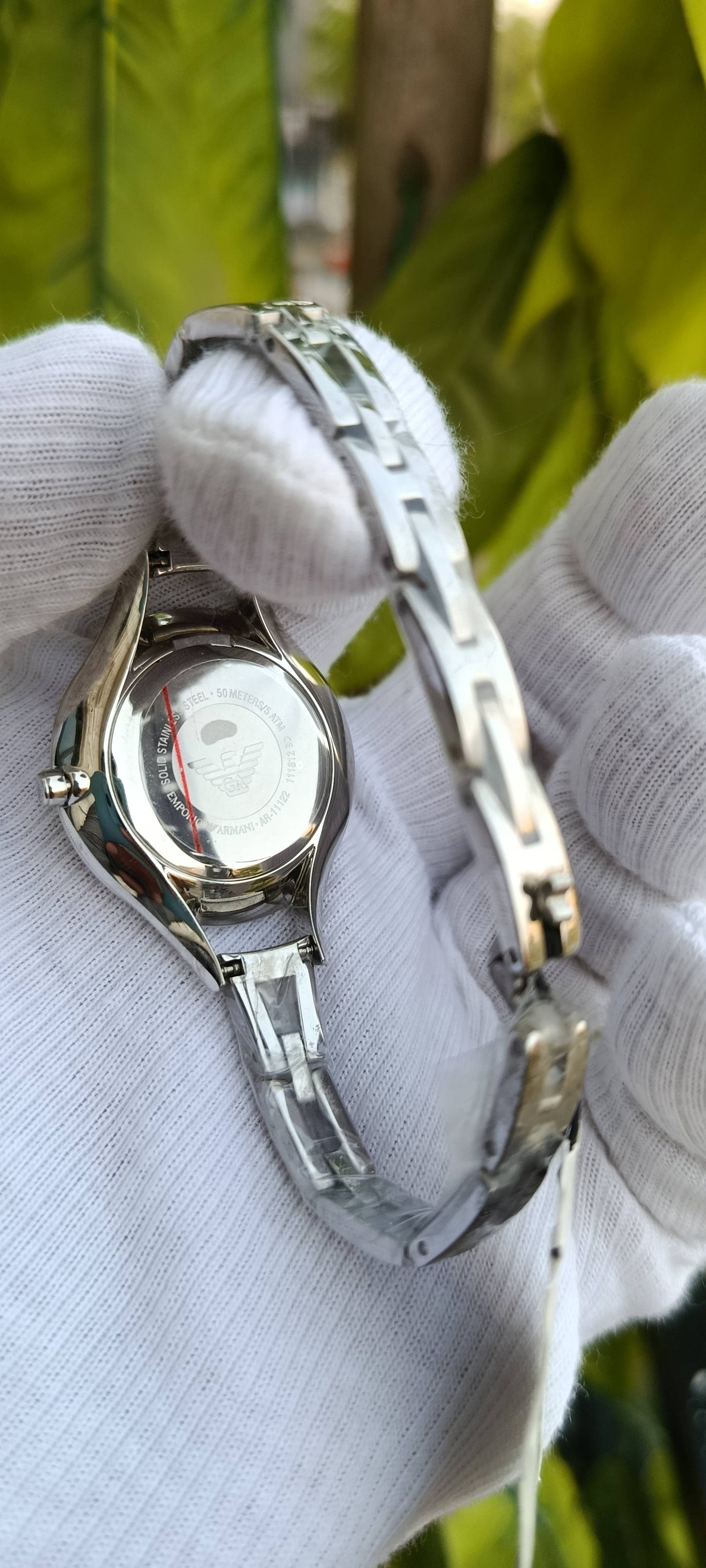Emporio Armani Women's Watch – Silver Stainless Steel, Mother-of-Pearl Herringbone Dial