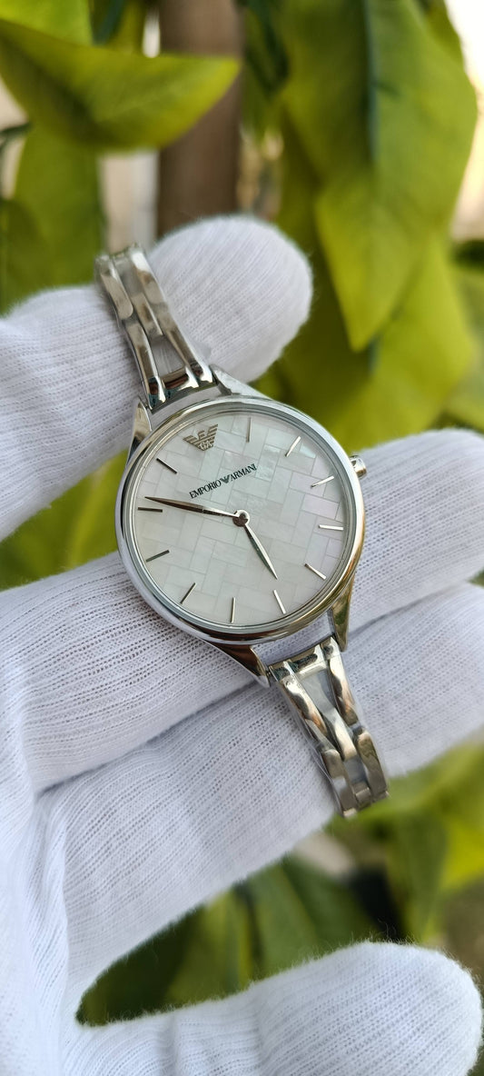 Emporio Armani Women's Watch – Silver Stainless Steel, Mother-of-Pearl Herringbone Dial