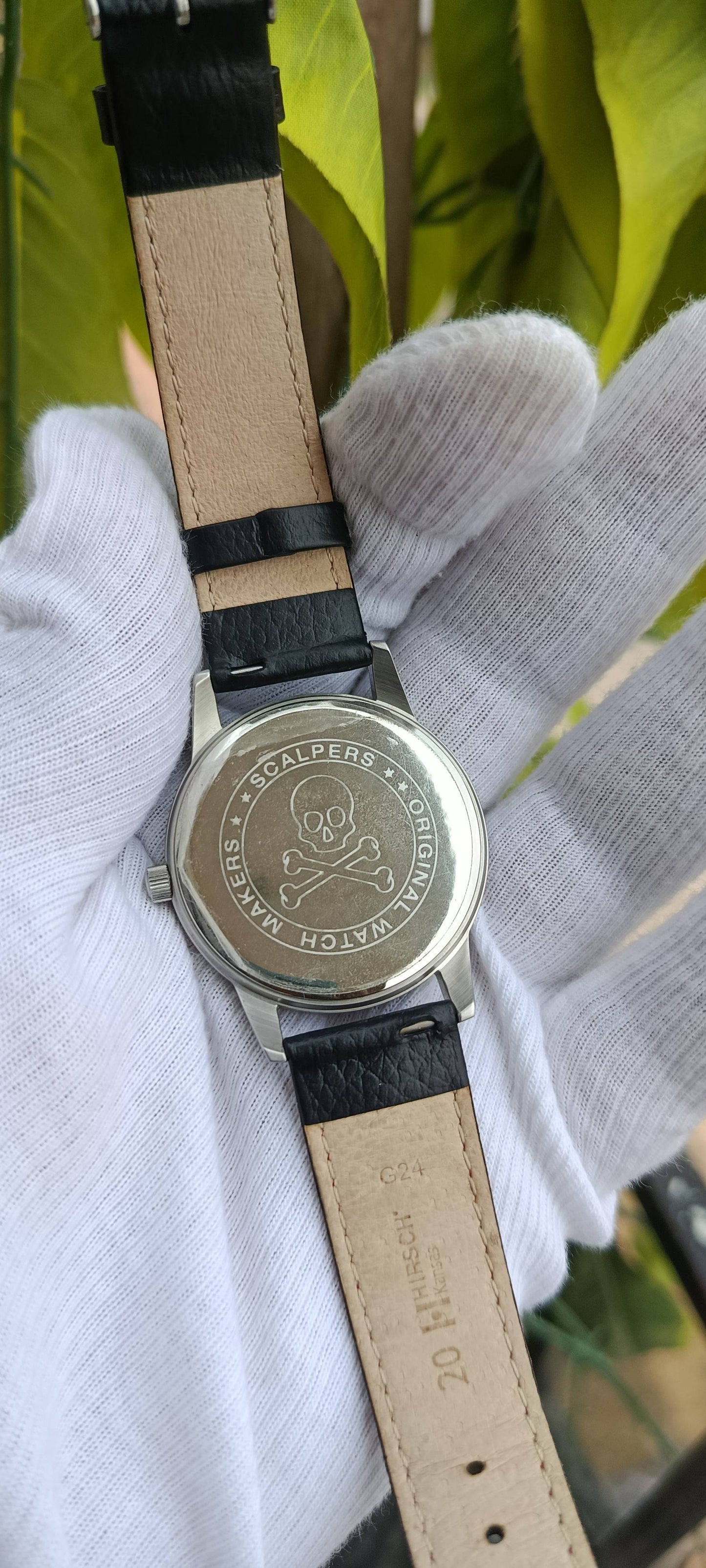 Scalpers Skull Logo Men's Watch – Cream Dial, Black Leather Strap with Red Stitching