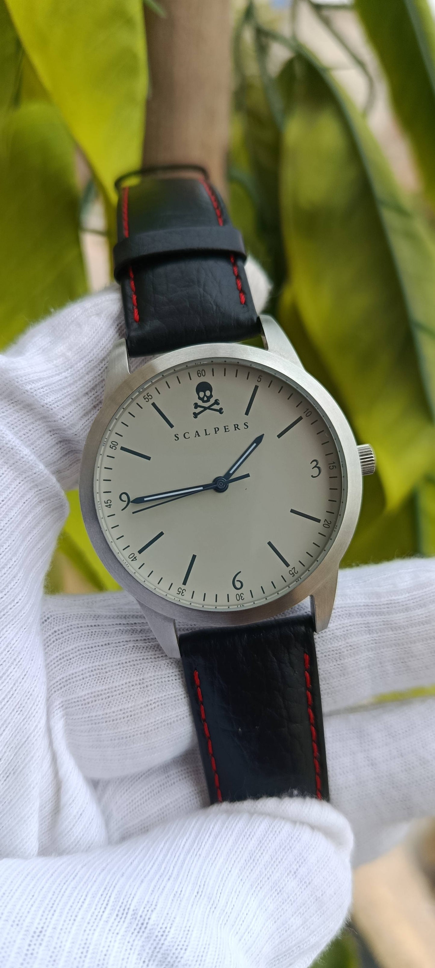 Scalpers Skull Logo Men's Watch – Cream Dial, Black Leather Strap with Red Stitching