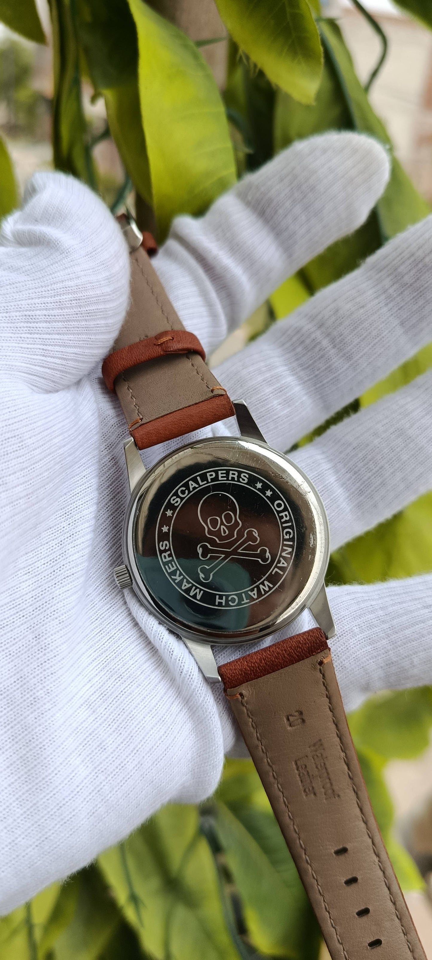 Scalpers Skull Logo Men's Watch – Black Dial, Tan Brown Leather Strap