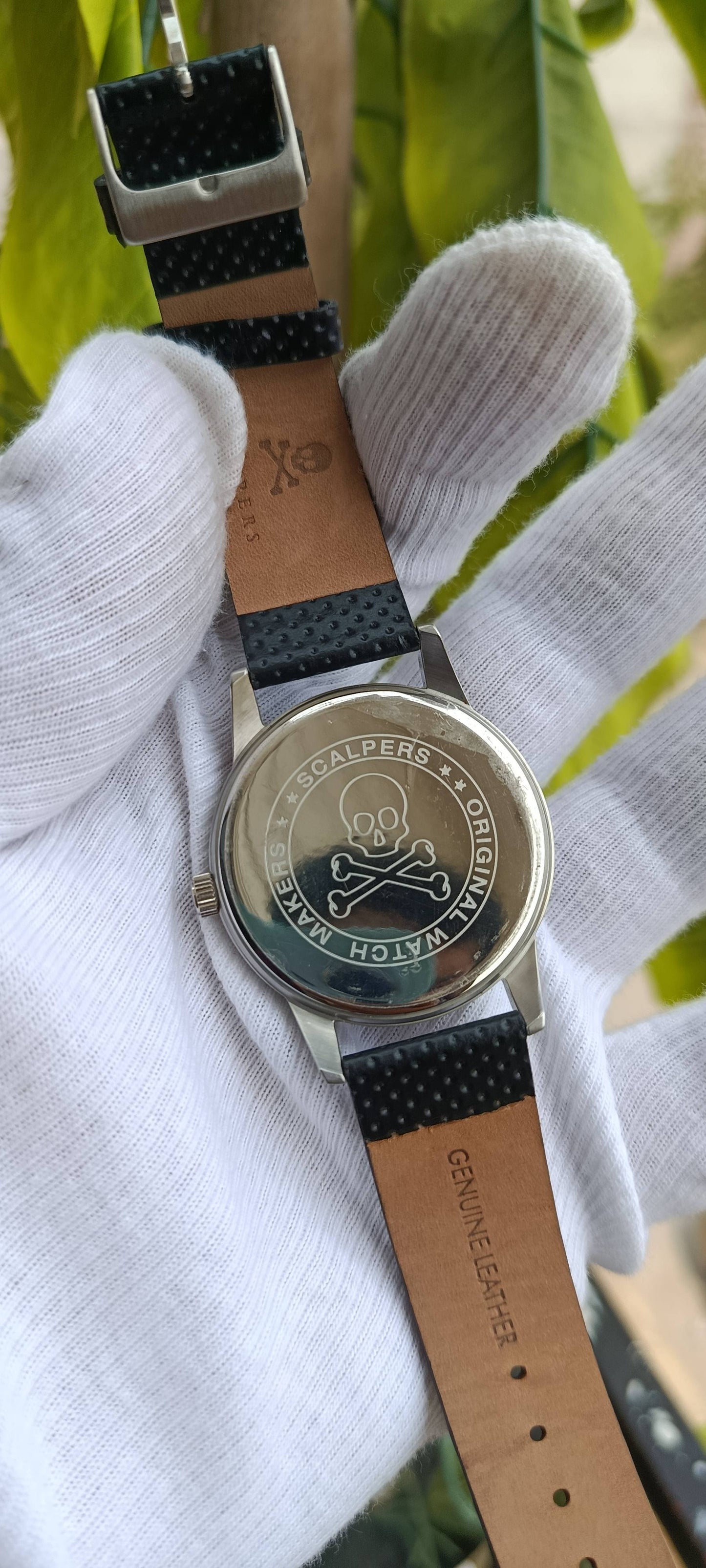 Scalpers Skull Logo Men's Watch – Black Dial, Black Perforated Leather Strap