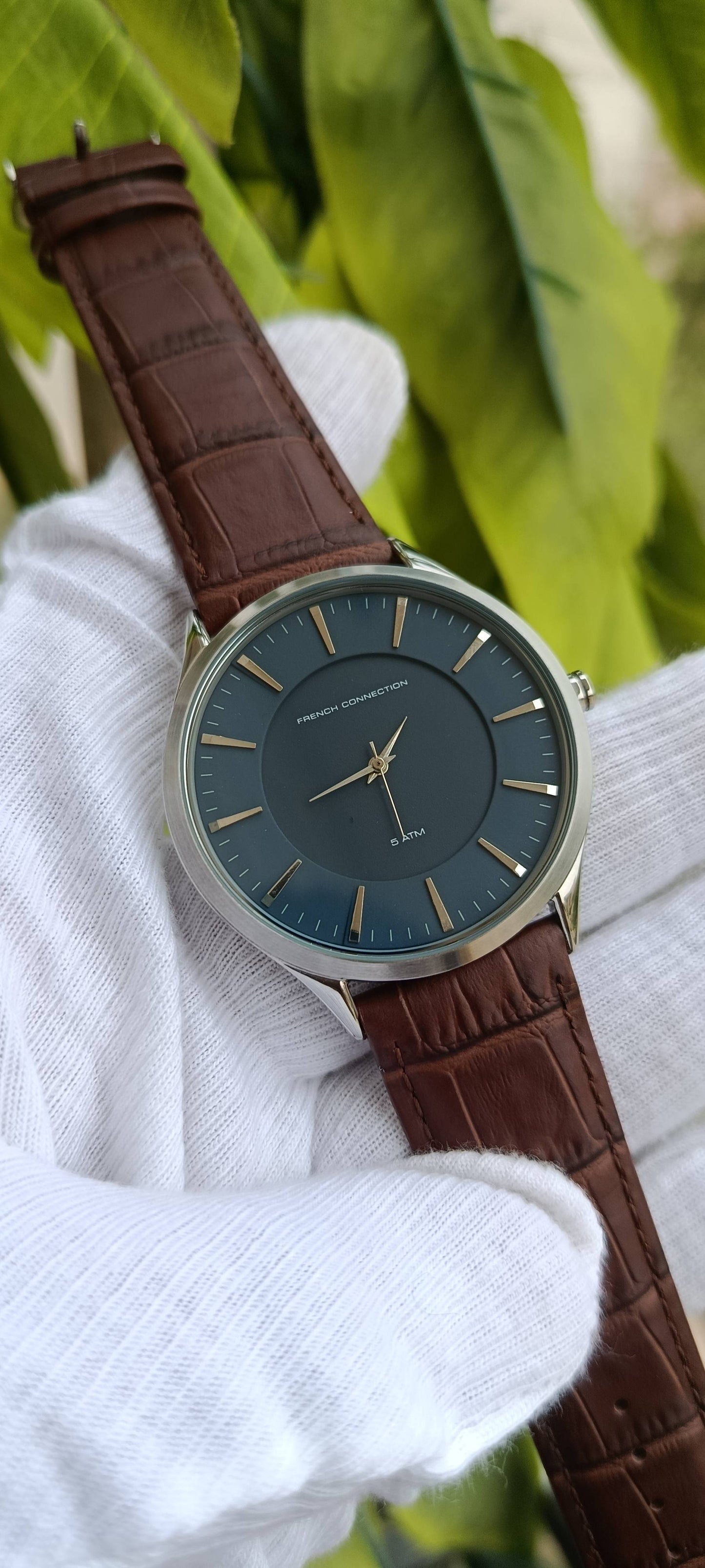 French Connection Men's Watch – Navy Blue Sunburst Dial, Brown Croc-Embossed Leather Strap