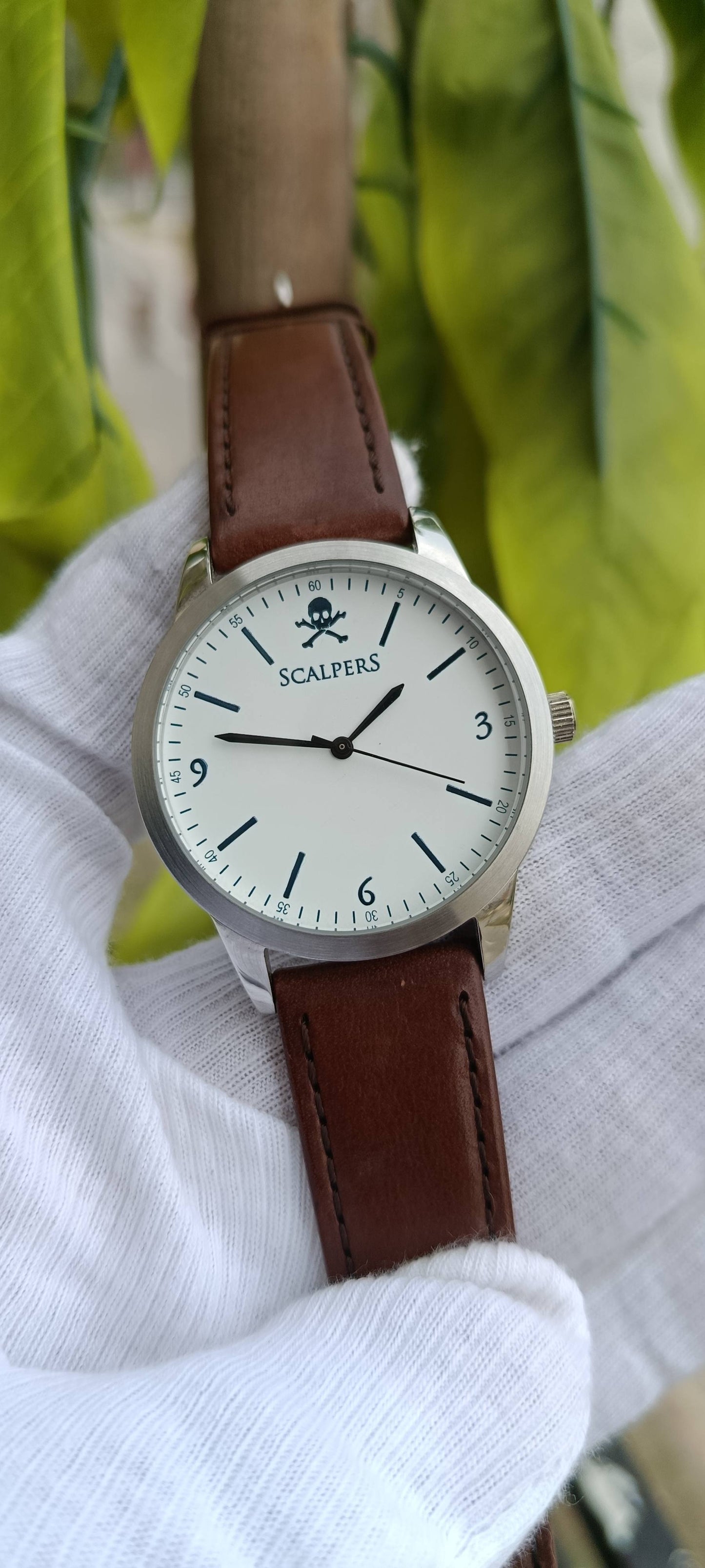 Scalpers Skull Logo Men's Watch – White Dial, Brown Leather Strap