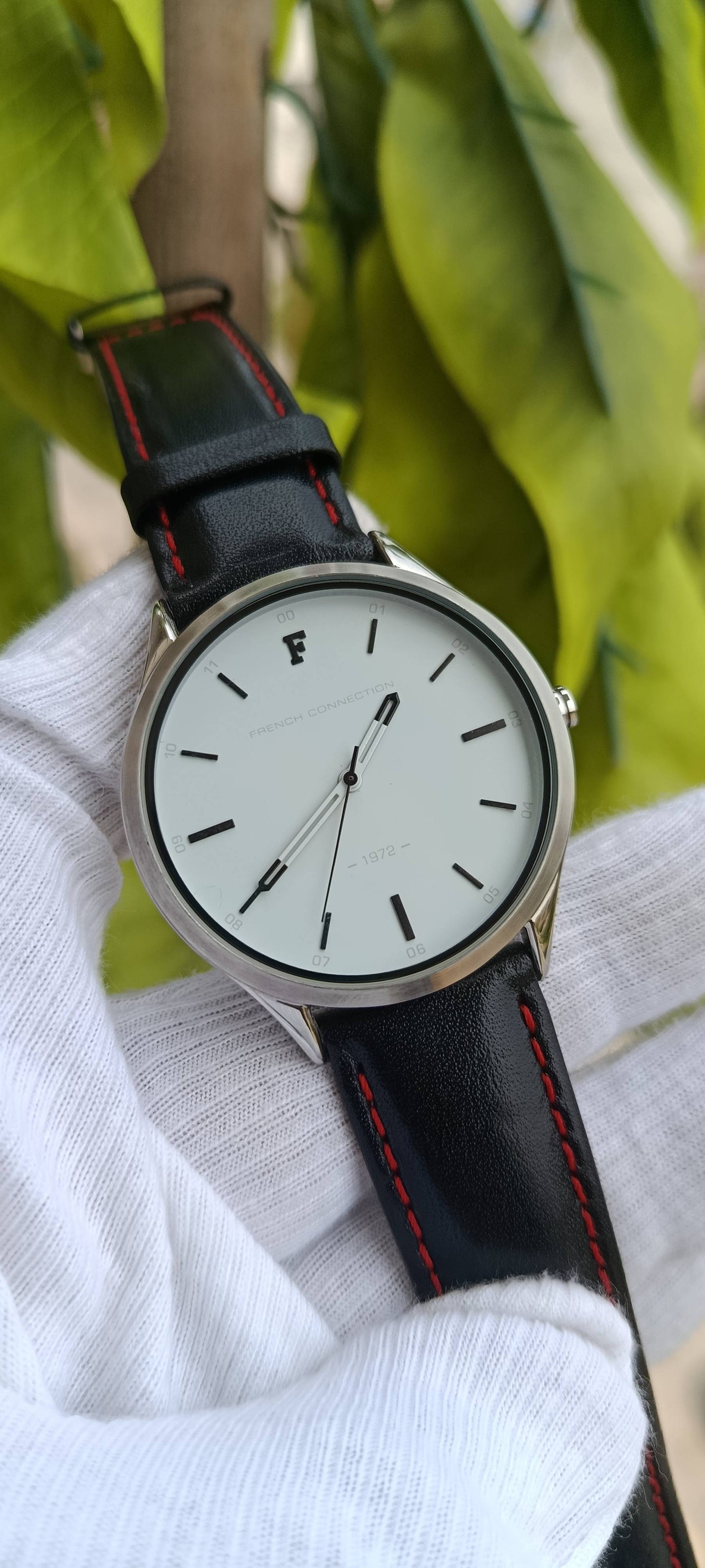 French Connection 1972 Men's Watch – White Dial Steel Case with Black/Red Stitched Leather Strap