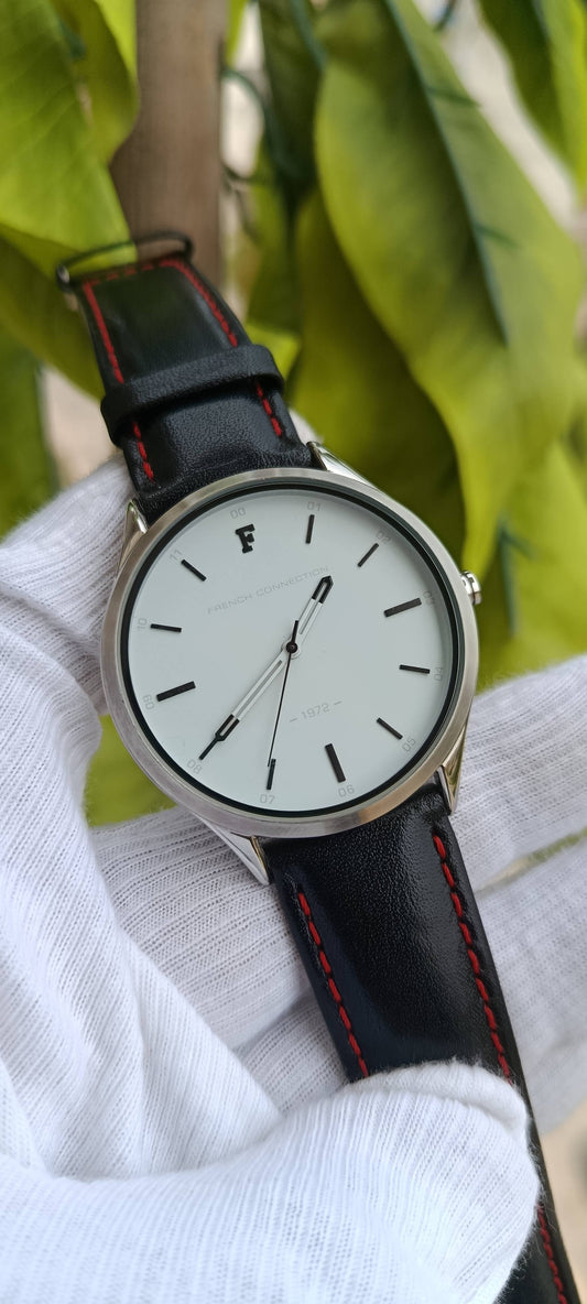 French Connection 1972 Men's Watch – White Dial Steel Case with Black/Red Stitched Leather Strap