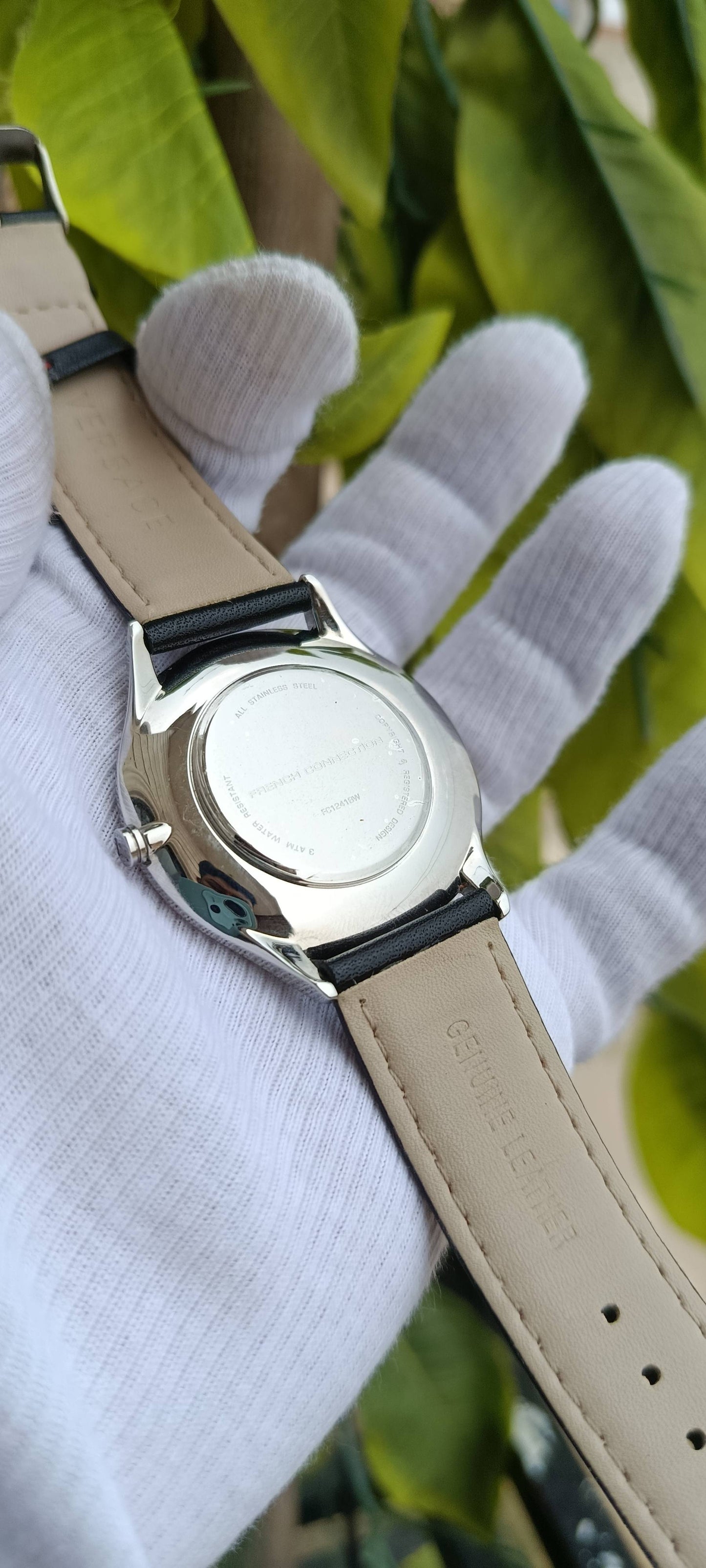 French Connection 1972 Men's Watch – White Dial Steel Case with Black/Red Stitched Leather Strap