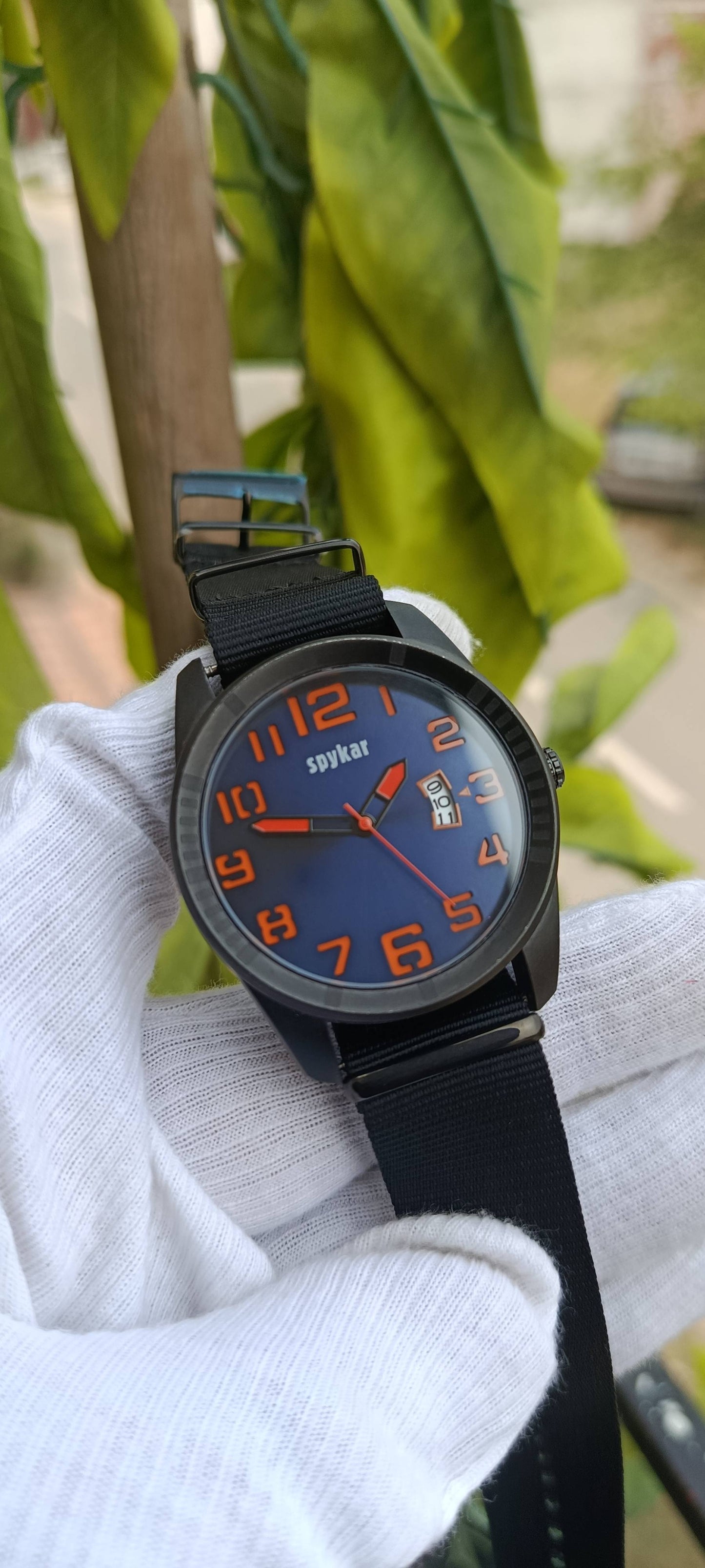 Spykar Men's Sports Watch – Blue Dial Gunmetal Case with Orange Numerals & Black NATO Strap