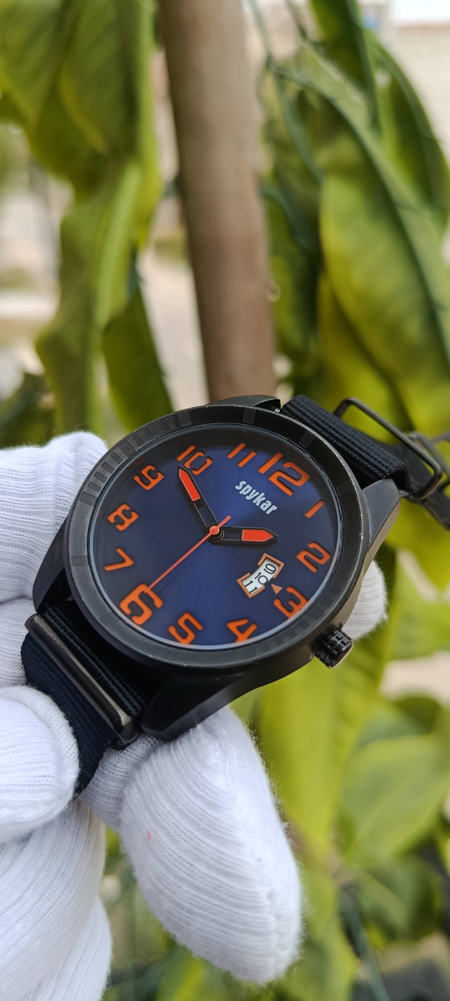 Spykar Men's Sports Watch – Blue Dial Gunmetal Case with Orange Numerals & Black NATO Strap