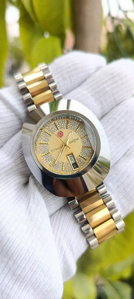 Fitron Diastar Men's Watch – Champagne Gold Crystal Paved Dial, Day-Date, Two-Tone Silver & Gold Bracelet, Round Case