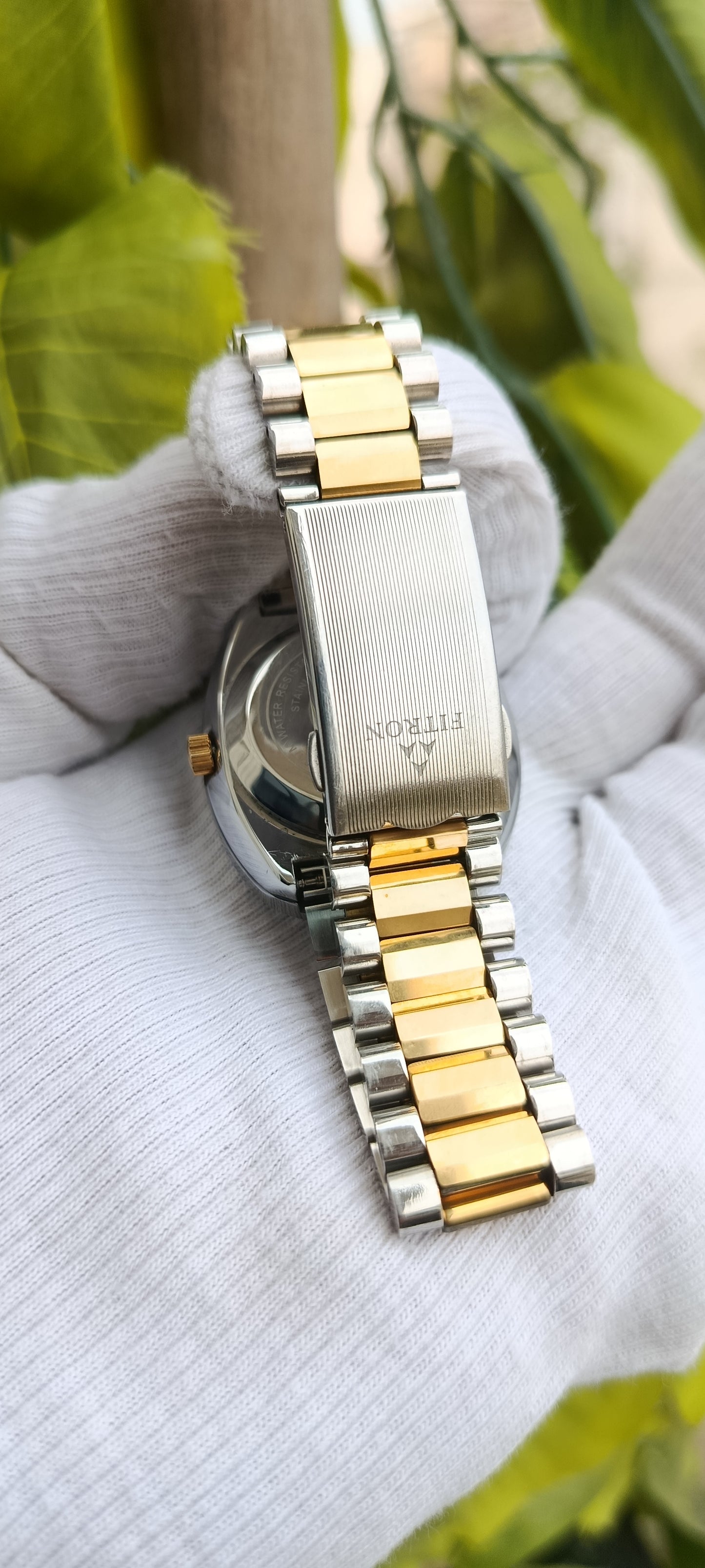 Fitron Diastar Men's Watch – Champagne Gold Crystal Paved Dial, Day-Date, Two-Tone Silver & Gold Bracelet, Round Case