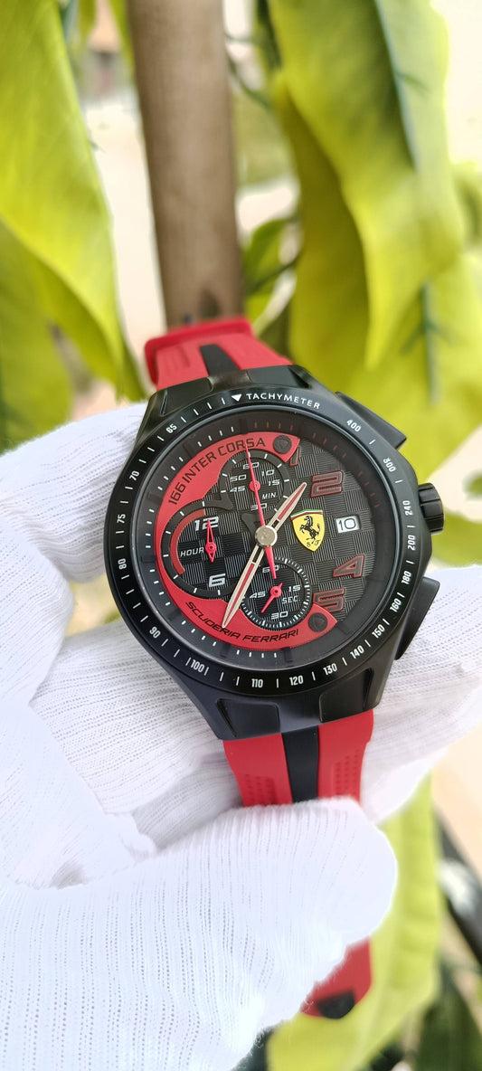 Scuderia Ferrari Race Day 166 Inter Corsa Men's Chronograph Watch – Black IP Case, Red Silicone Strap | Ref. 0830086