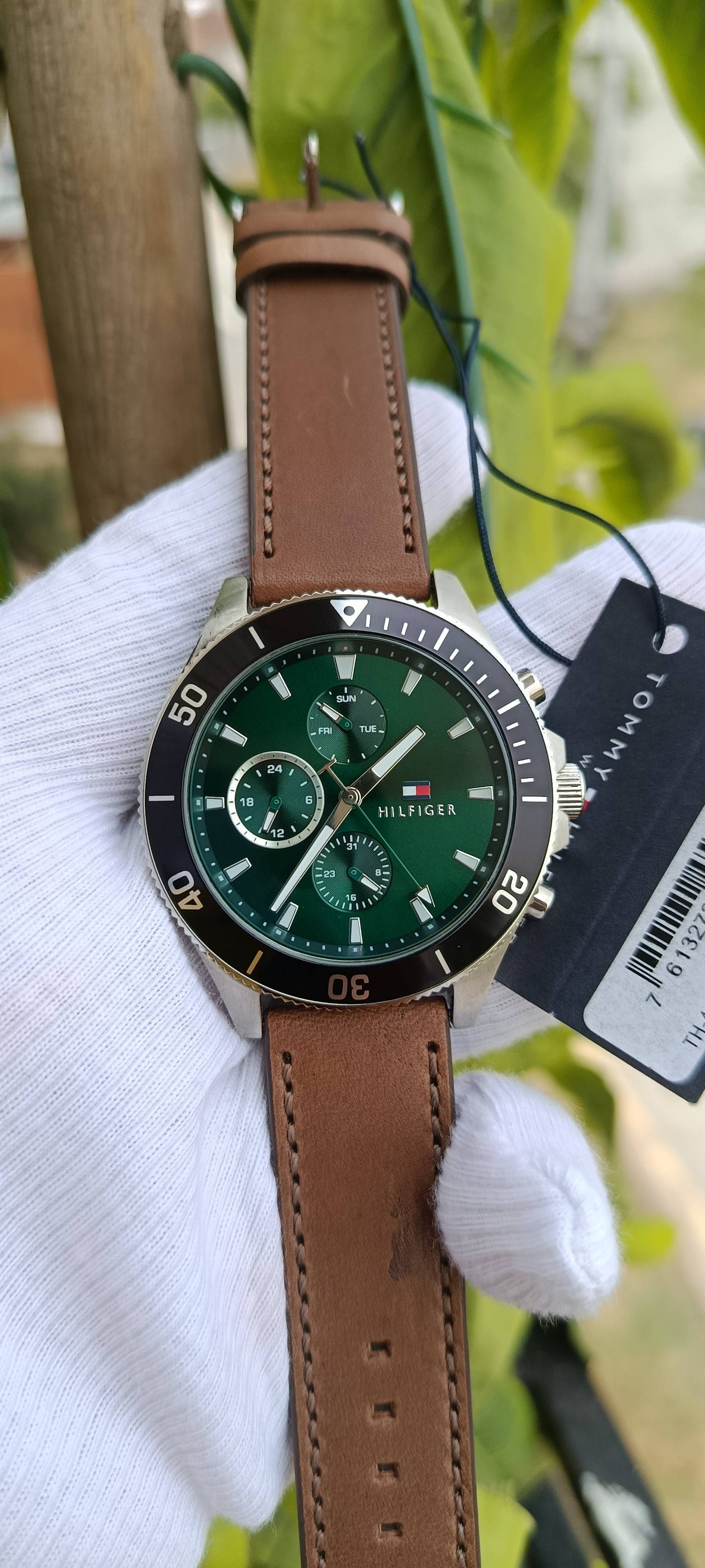 Tommy Hilfiger Men's Diver-Style Multifunction Watch – Green Dial, Brown Leather Strap | Ref. 1791983