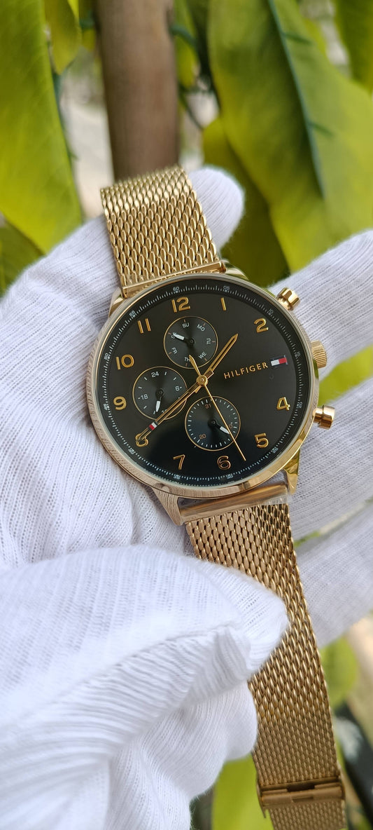 Tommy Hilfiger Men's Gold-Tone Multifunction Watch – Black Dial, Mesh Bracelet | Ref. 1791974