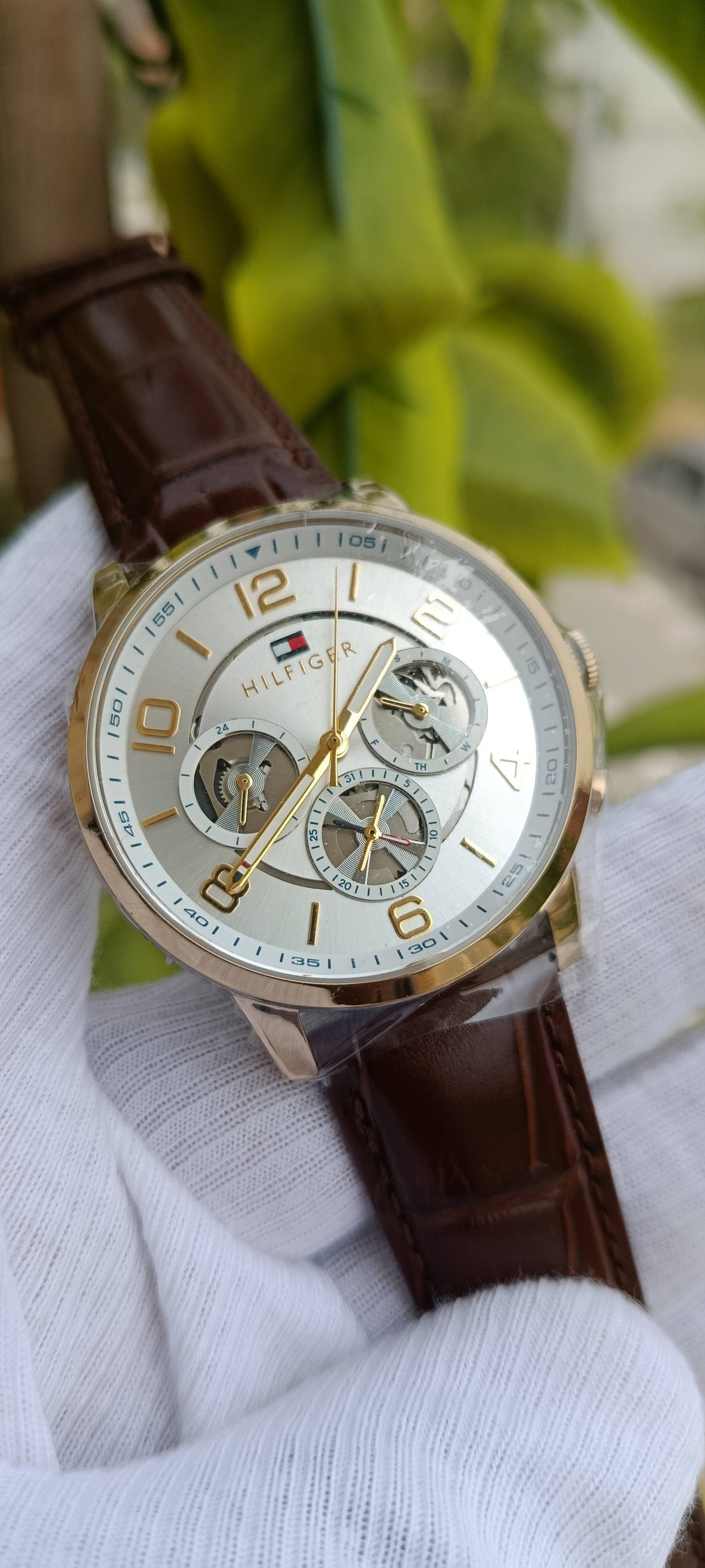 Tommy Hilfiger Harrison Men's Multifunction Watch – Silver Skeleton Dial, Gold-Tone Case, Brown Leather Strap | Ref. 1790874